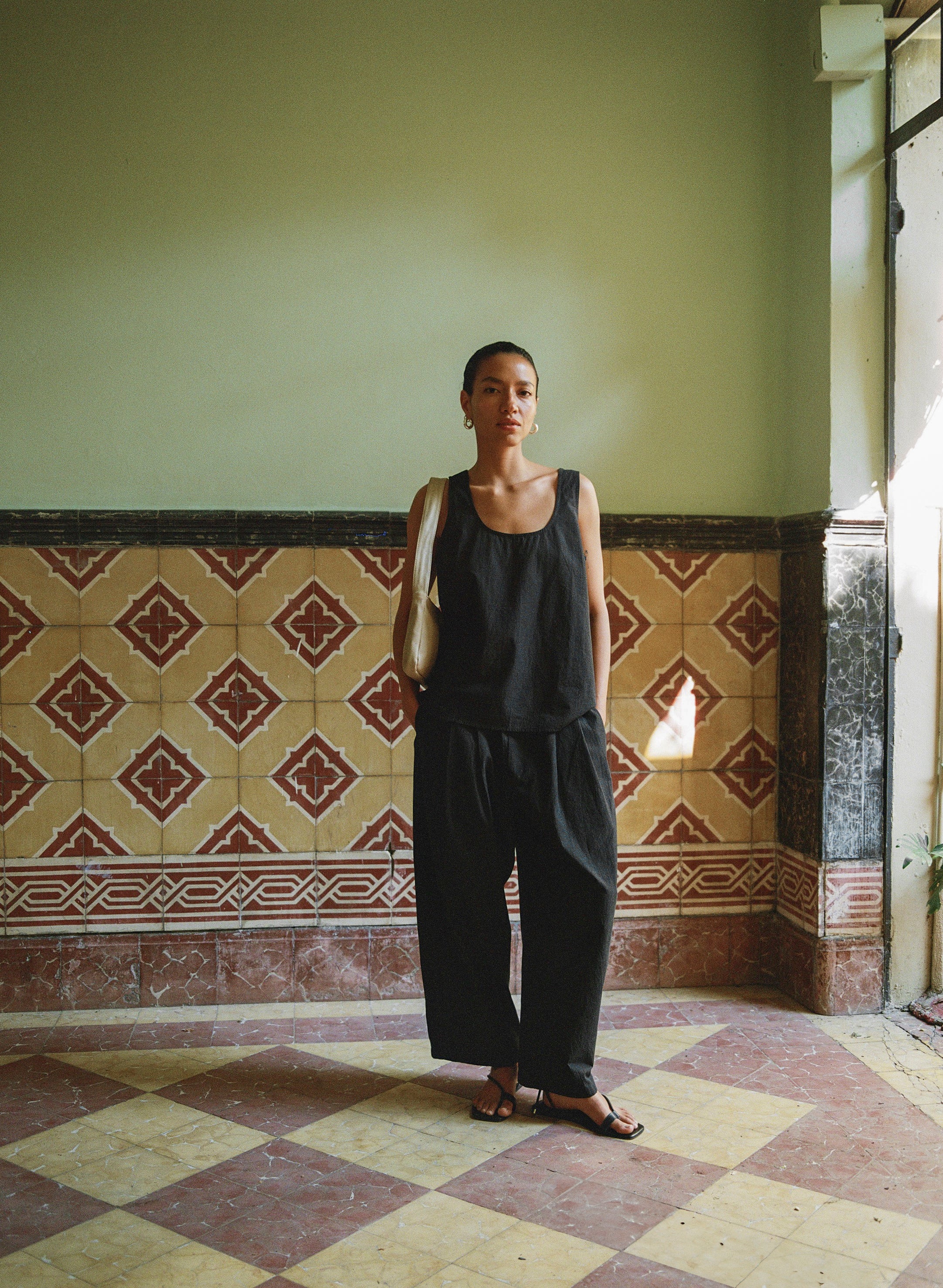 Mika Tank, Textured Organic Poplin, Soft Black