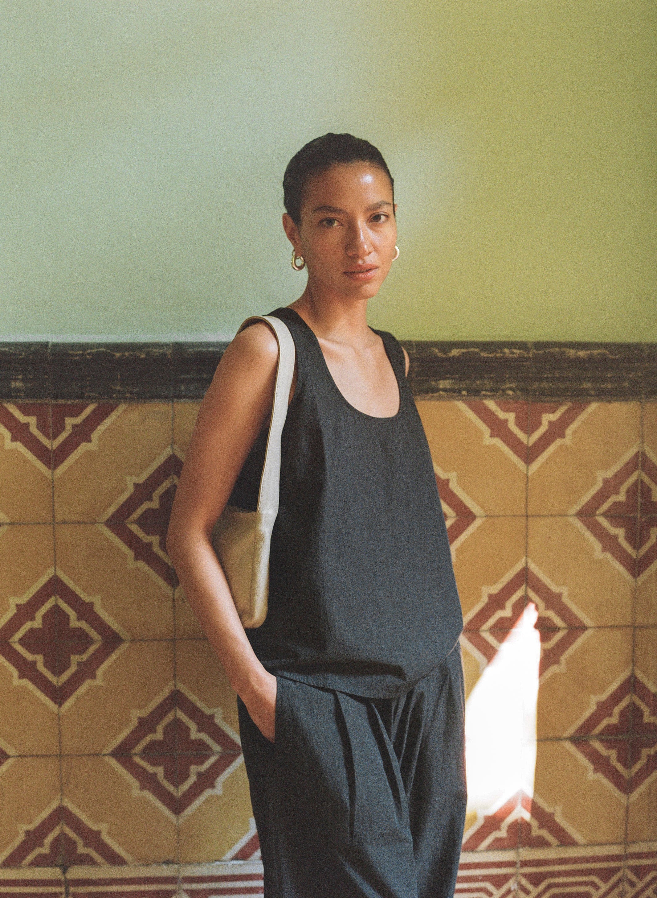 Mika Tank, Textured Organic Poplin, Soft Black