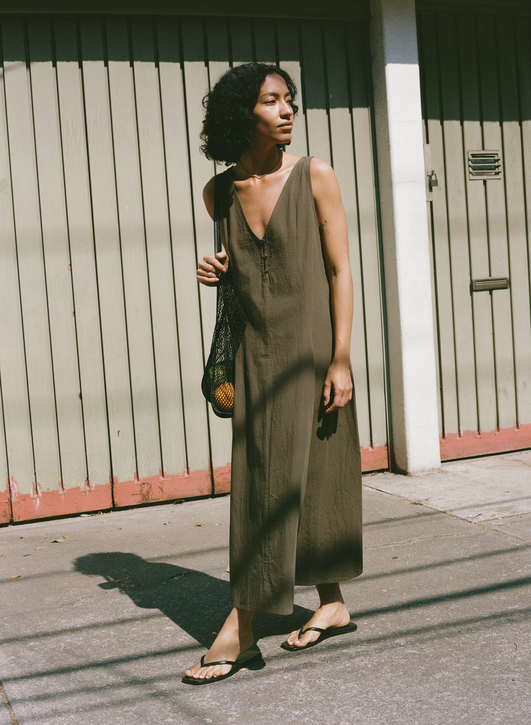 green dress with brown sandals Maritza Dress, Textured Organic Poplin, Fern