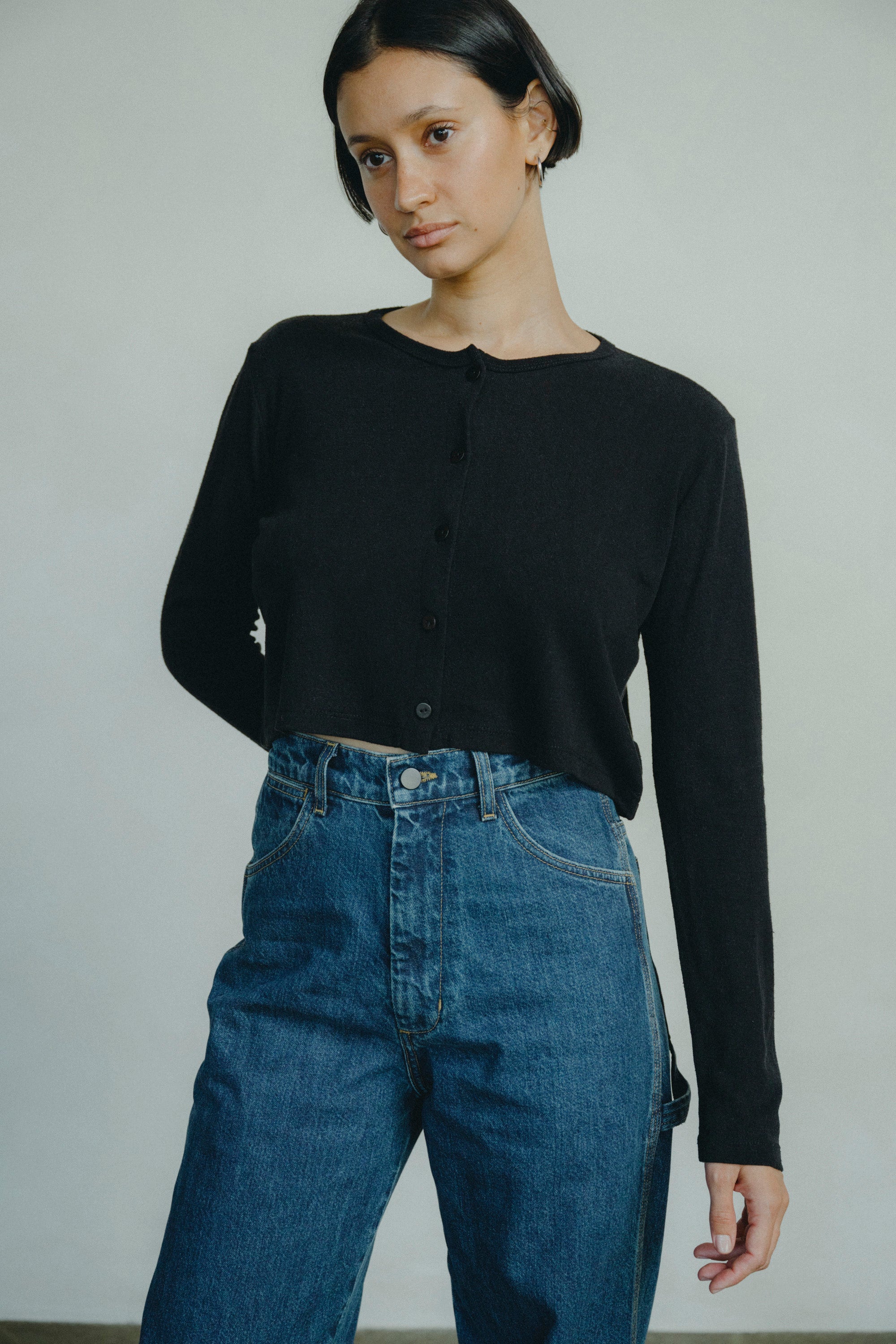 (Imperfect) Lee Cardigan, Regen Silk Noil Jersey, Black