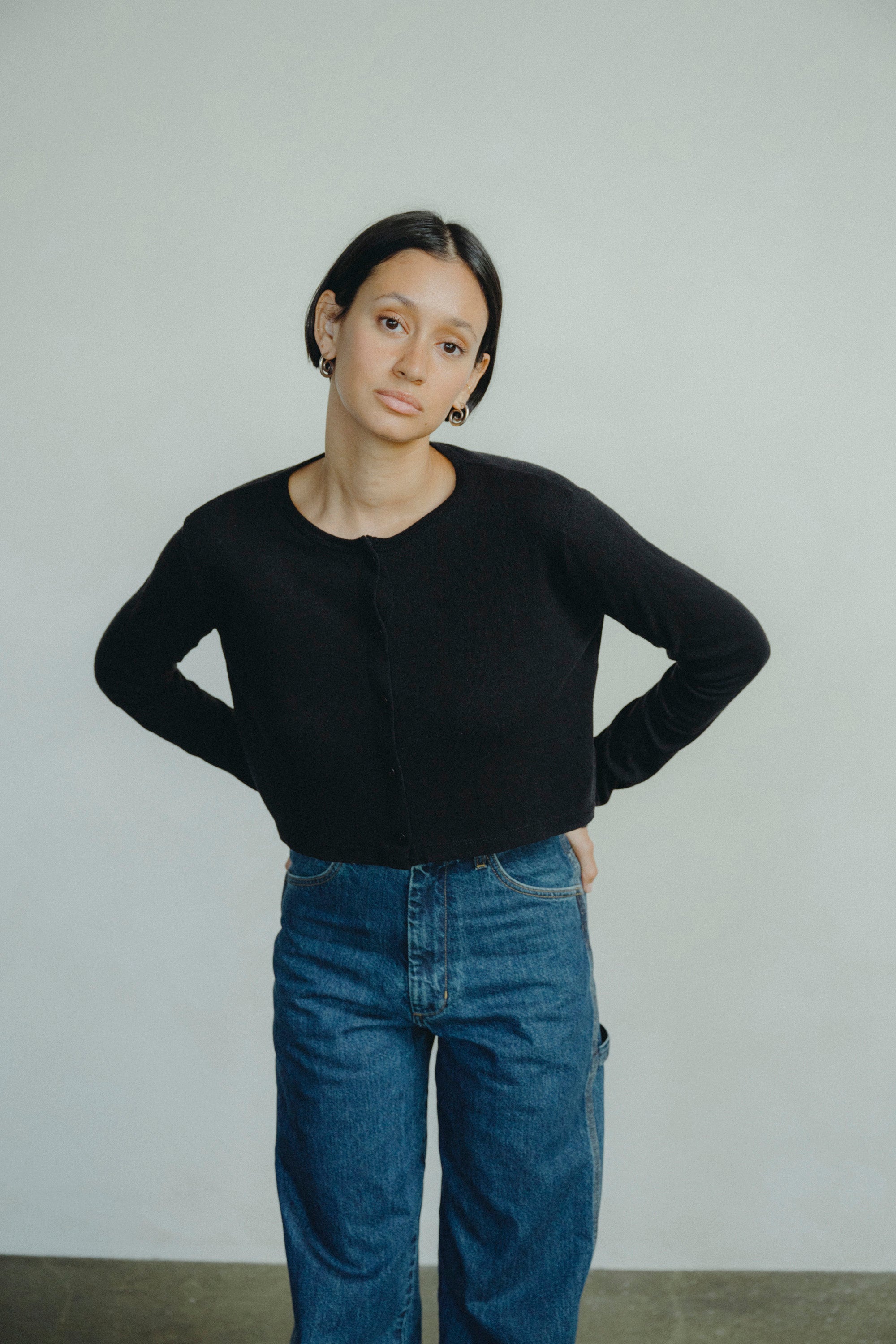 (Imperfect) Lee Cardigan, Regen Silk Noil Jersey, Black