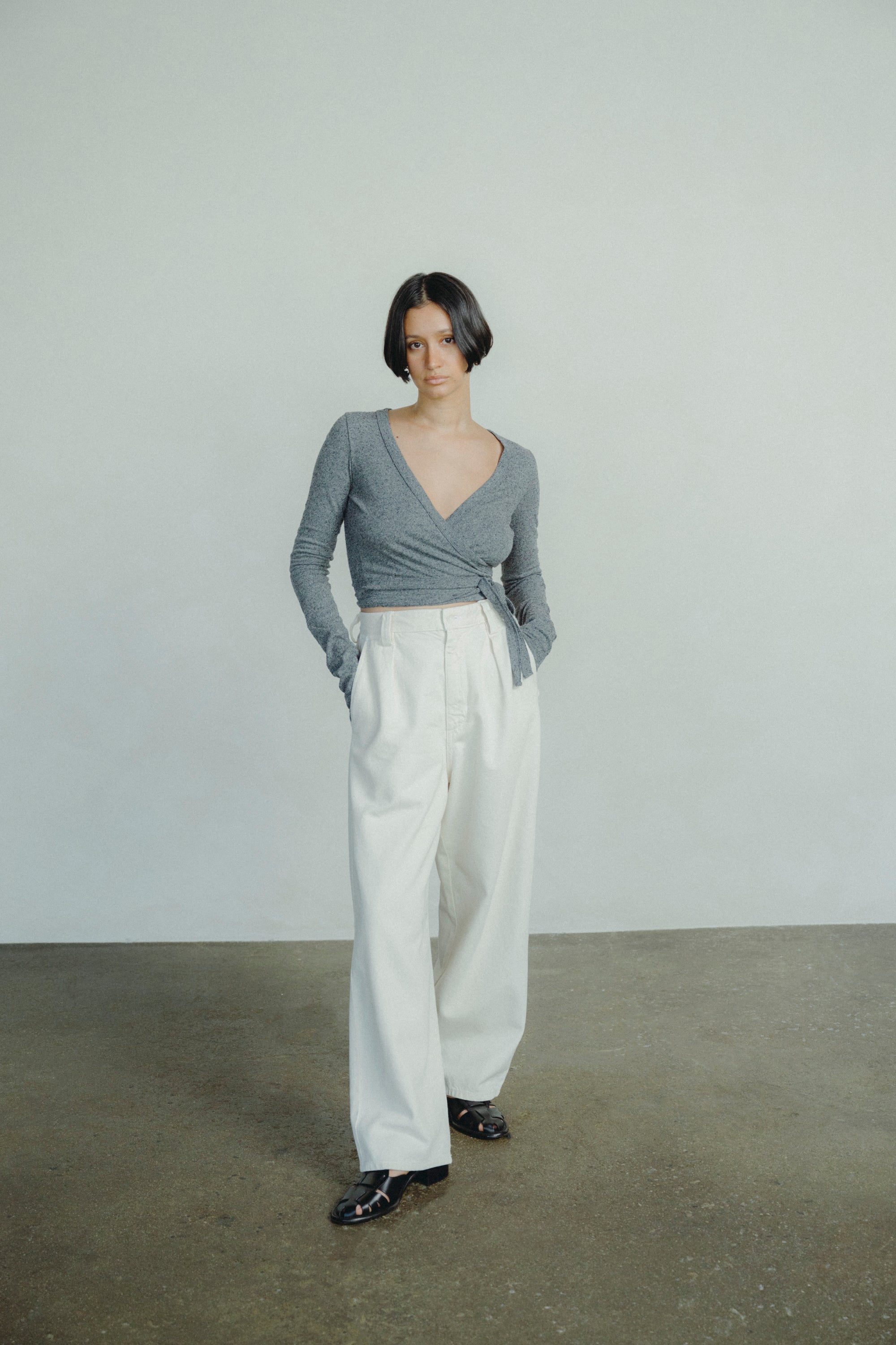 Dance Wrap Top, Regen Silk Noil Jersey, Charcoal Heather