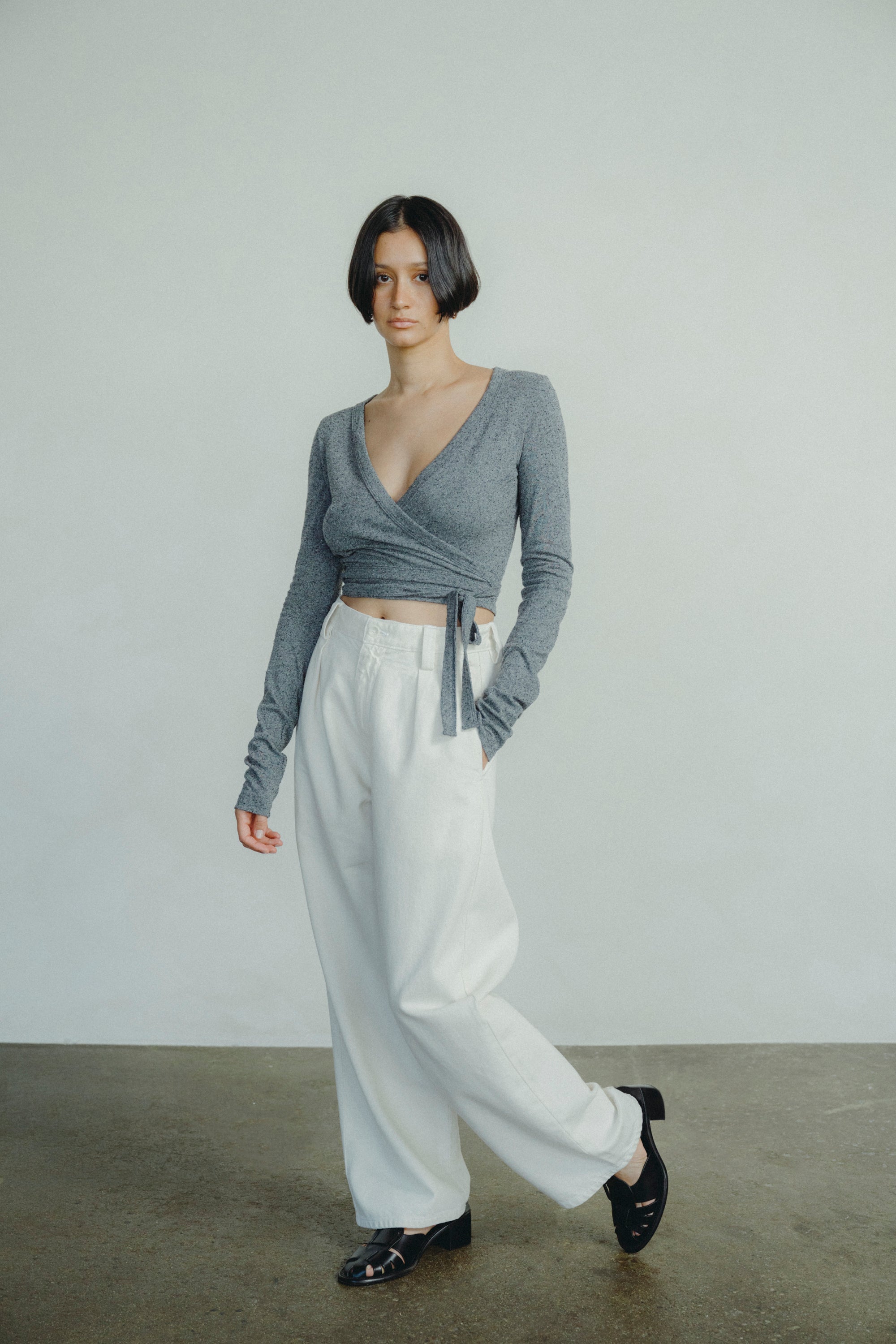 Dance Wrap Top, Regen Silk Noil Jersey, Charcoal Heather