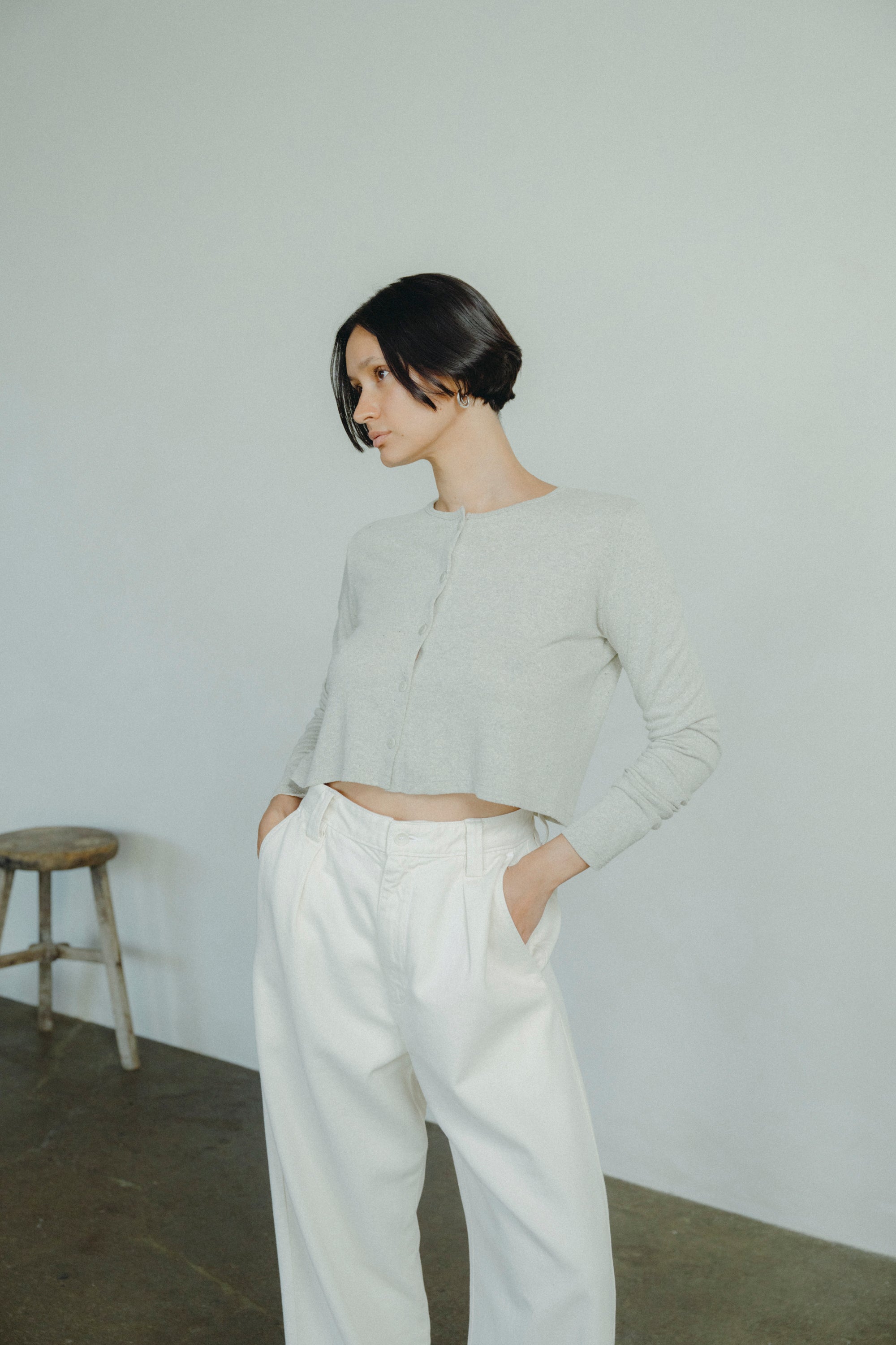 (Imperfect) Lee Cardigan, Regen Silk Noil Jersey, Heather Grey