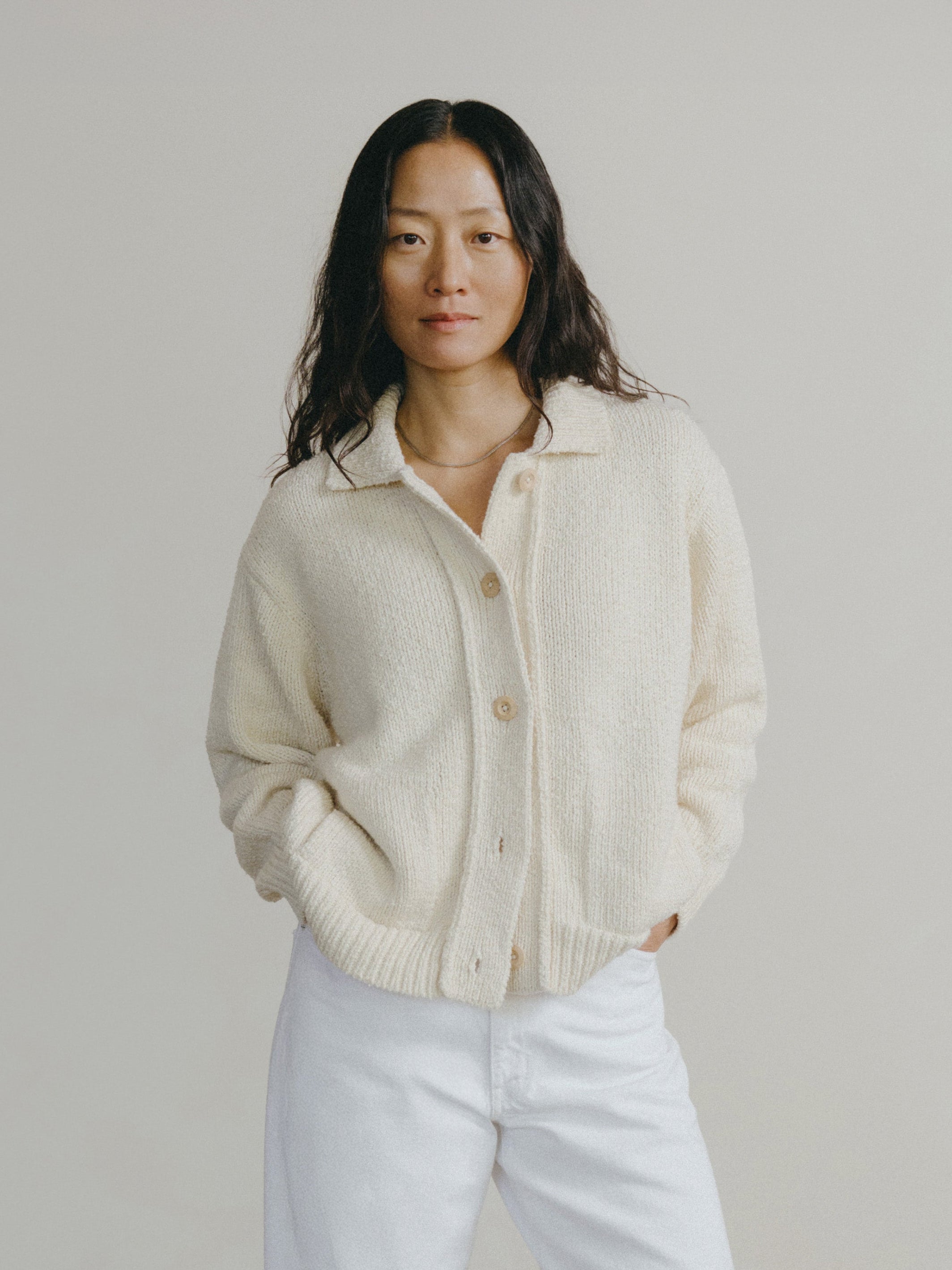 Leon Knit Jacket, Organic Cotton Bouclé, Ecru