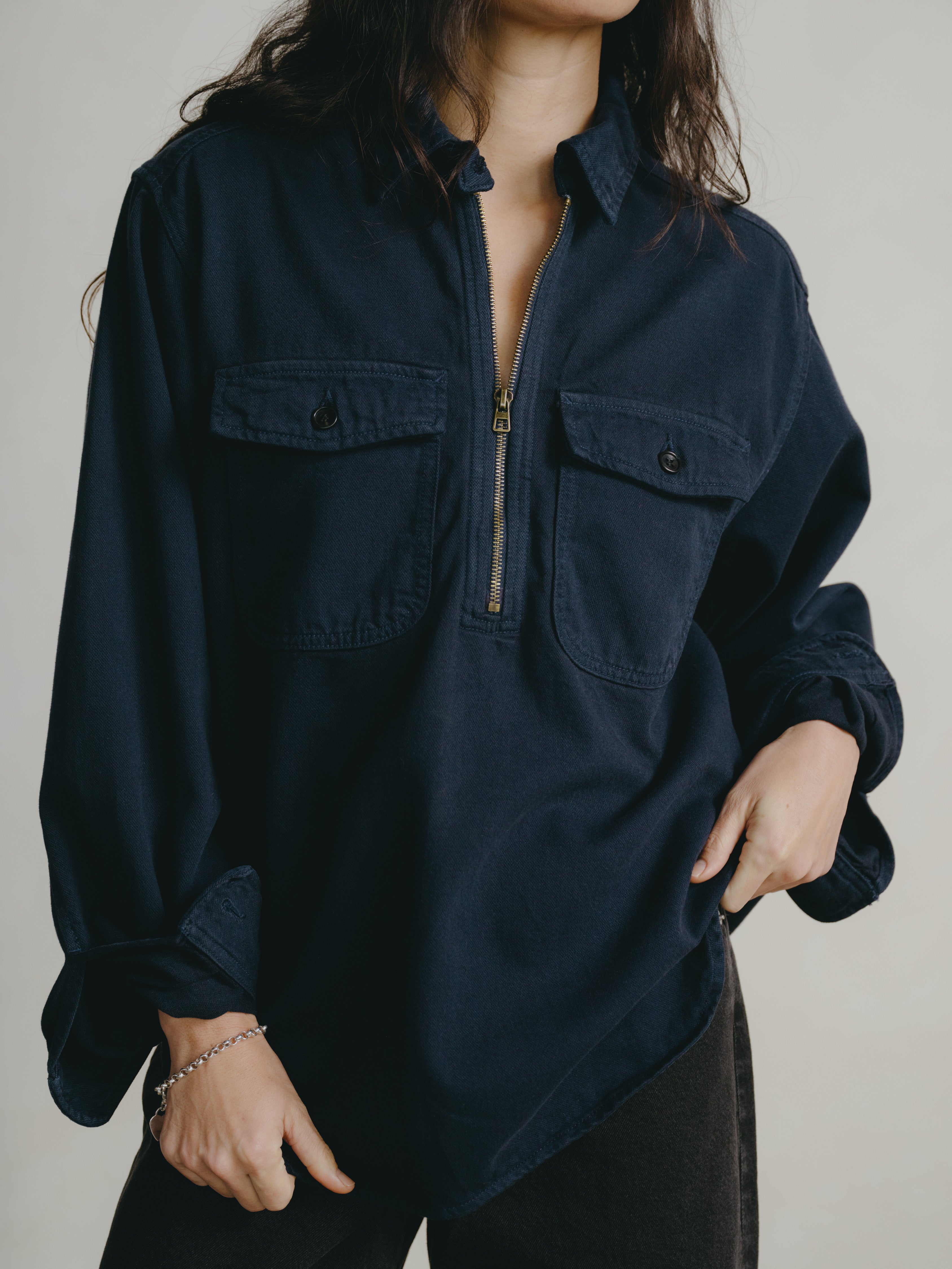 Zip Popover, Broken Twill, Navy