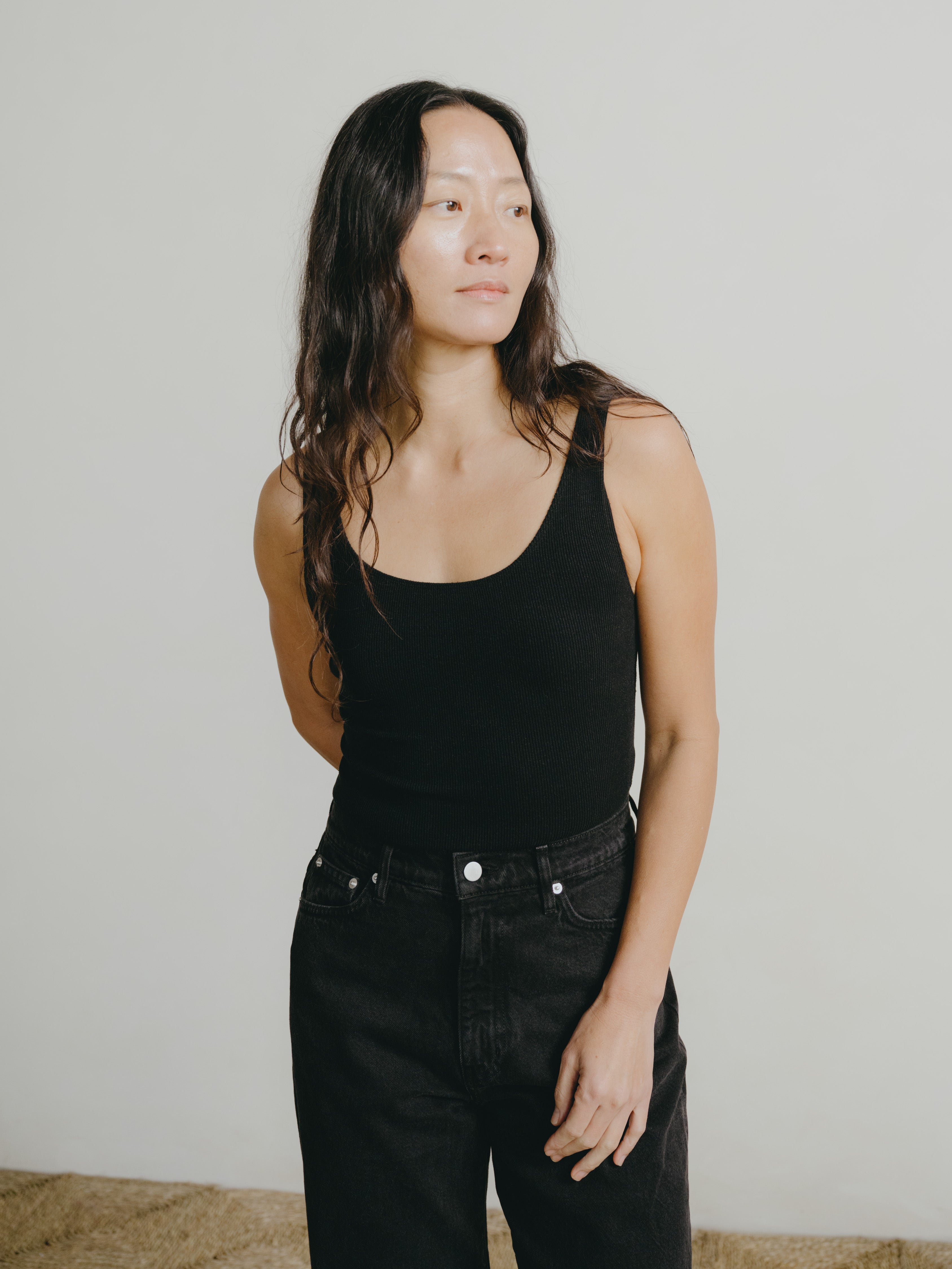 Christy Bodysuit, Ribbed Silk Noil Jersey, Black