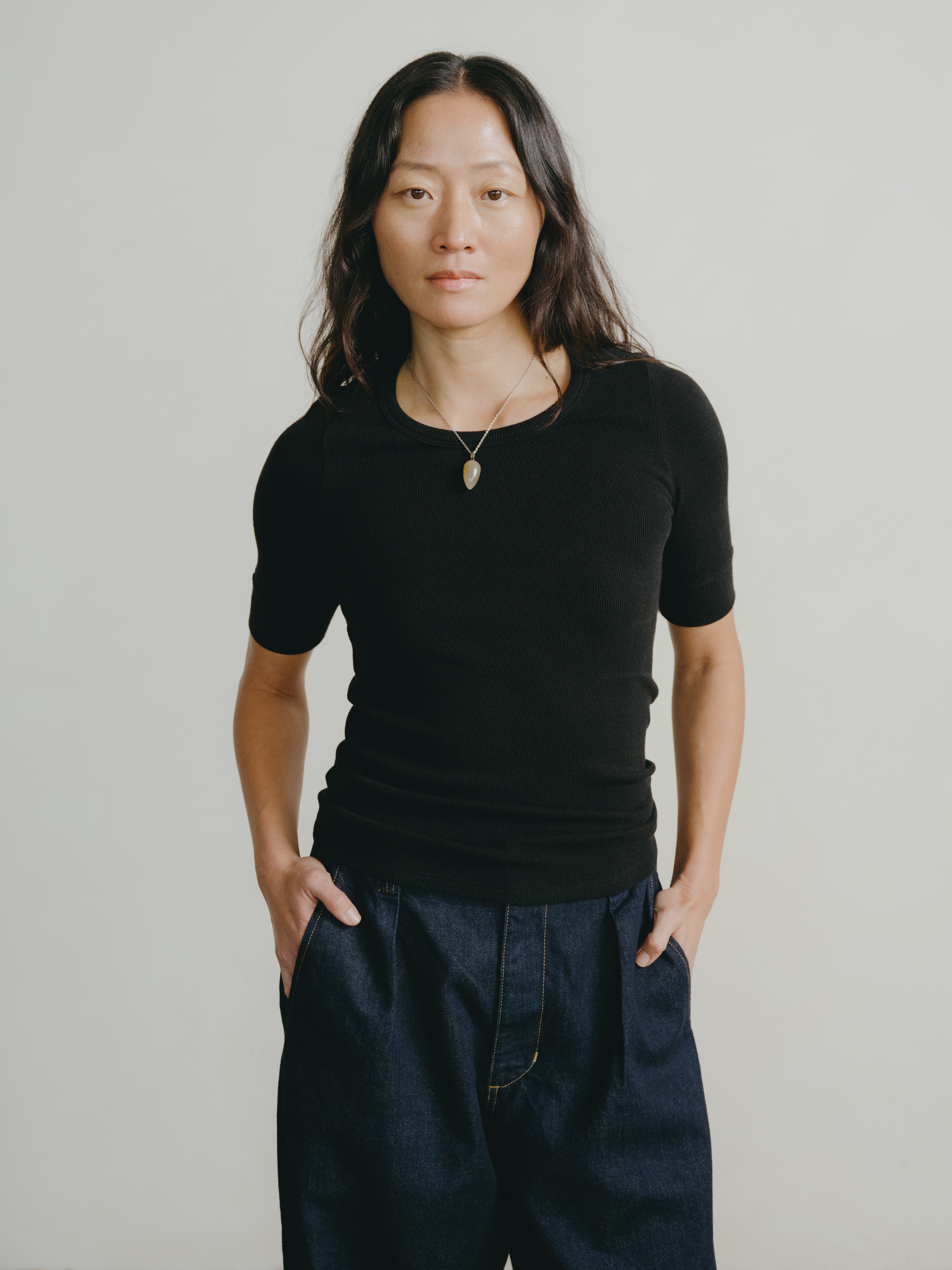 Rib Tee, Ribbed Silk Noil Jersey, Black