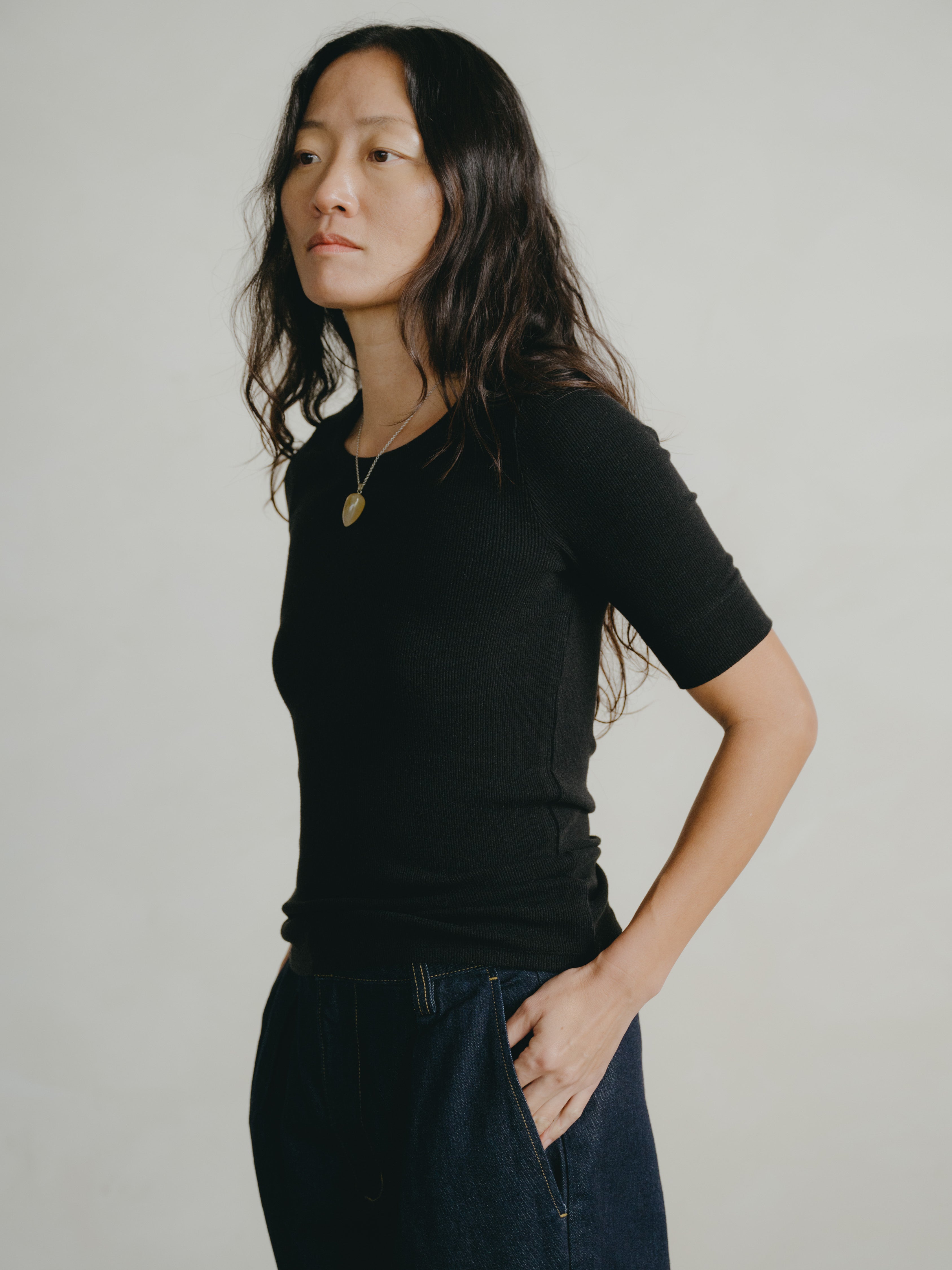 Rib Tee, Ribbed Silk Noil Jersey, Black