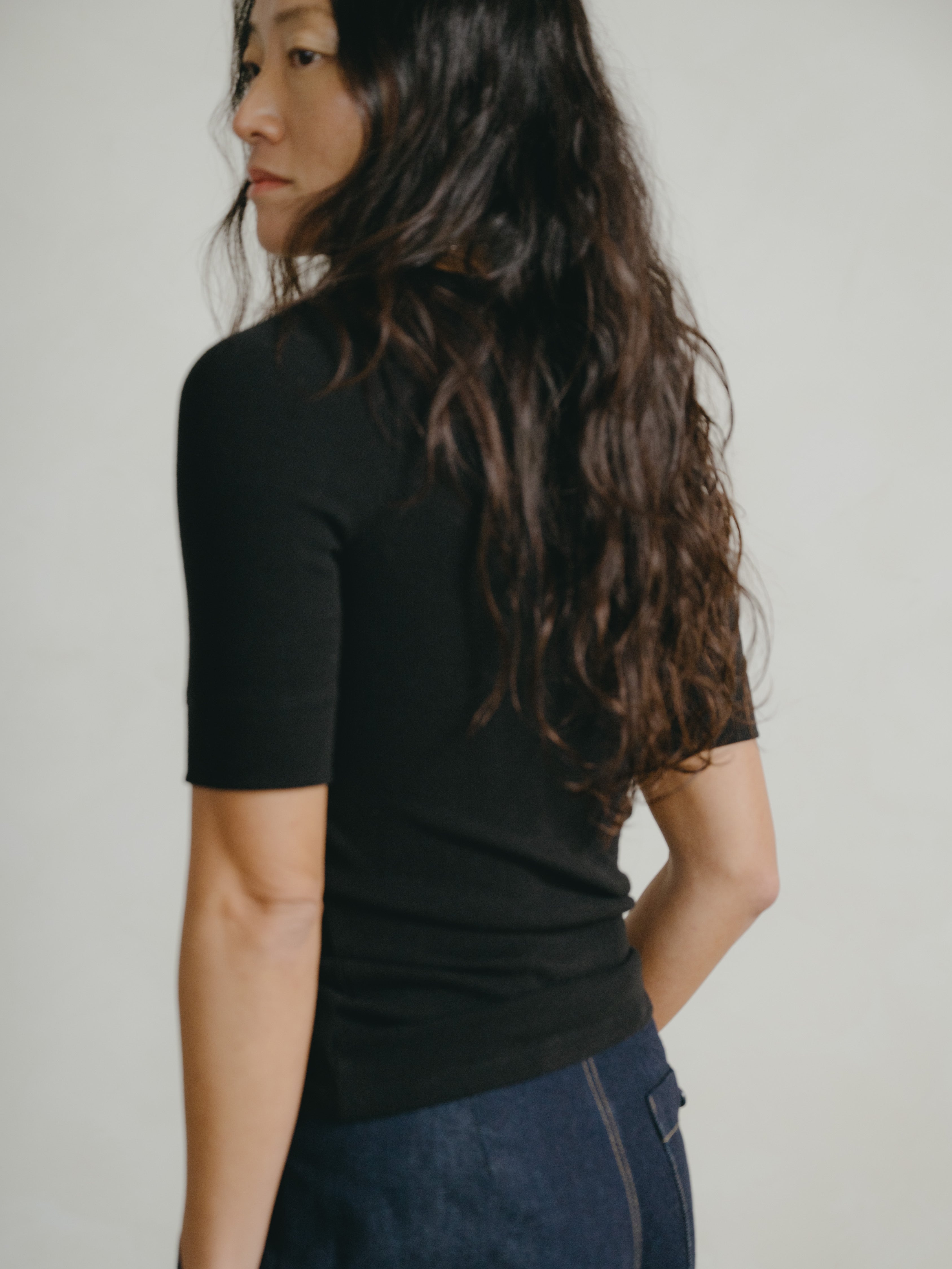 Rib Tee, Ribbed Silk Noil Jersey, Black