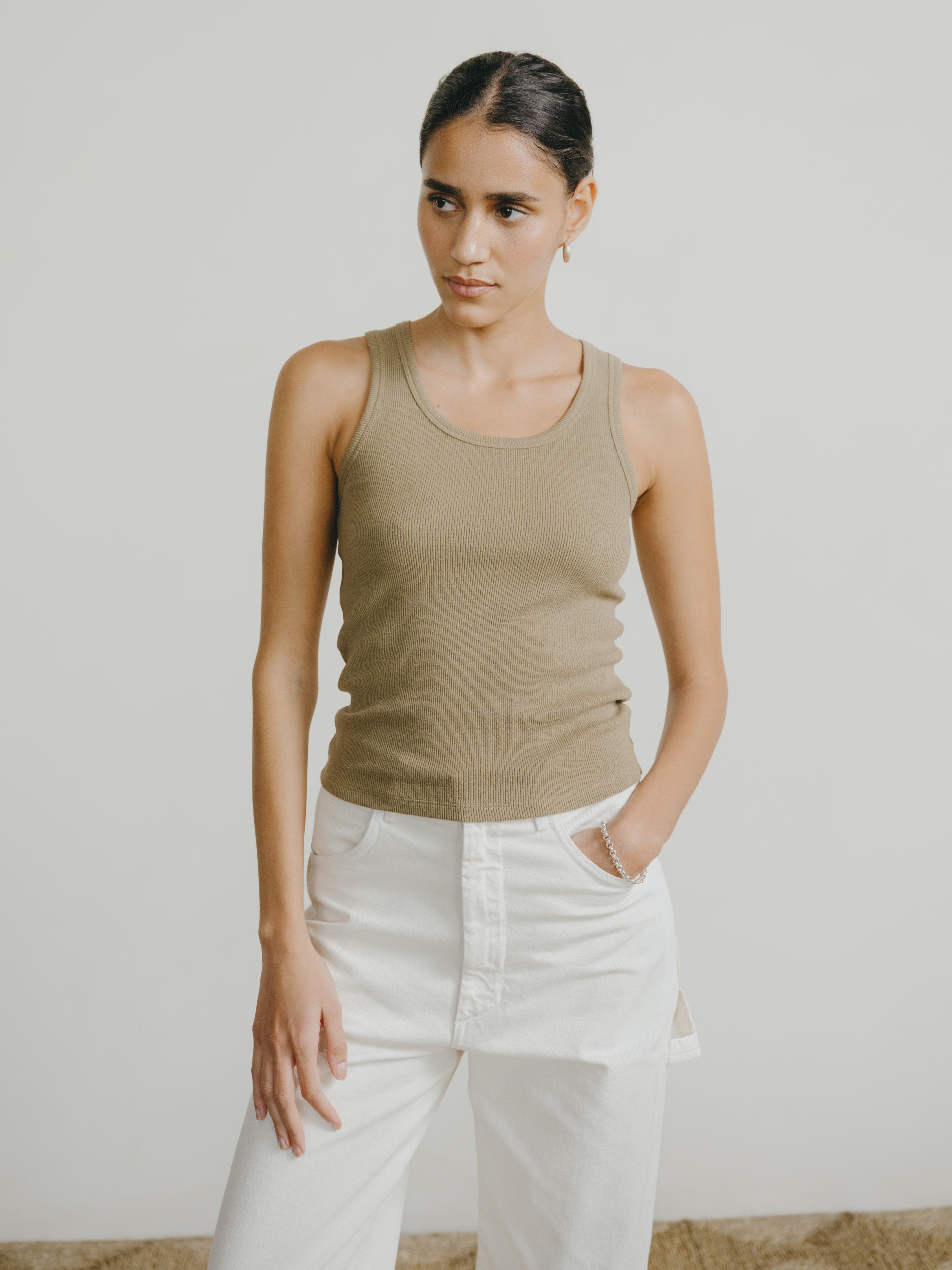 Classic Tank, Ribbed Silk Noil Jersey, Cactus