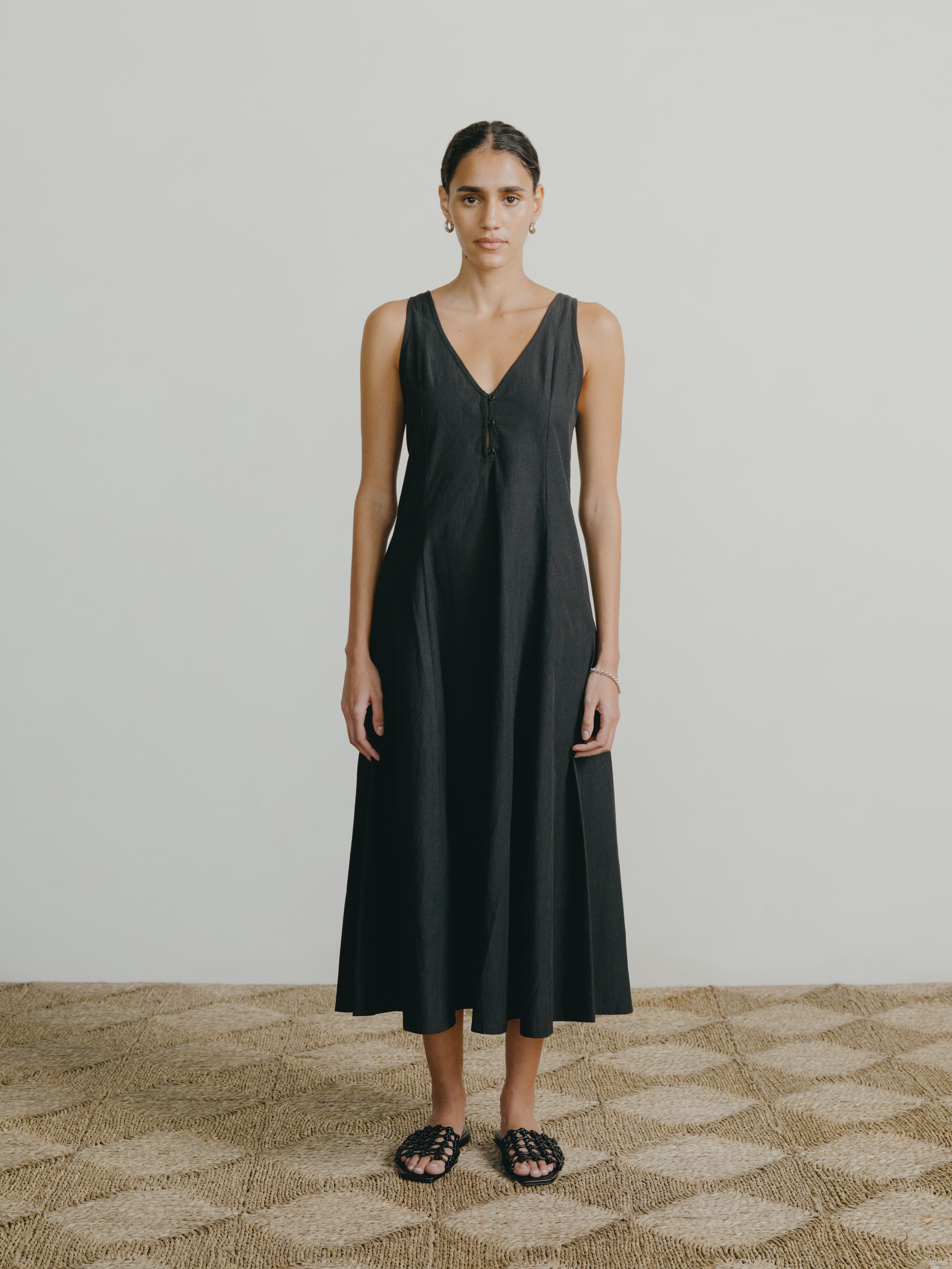 Maritza Dress, Textured Organic Poplin, Soft Black