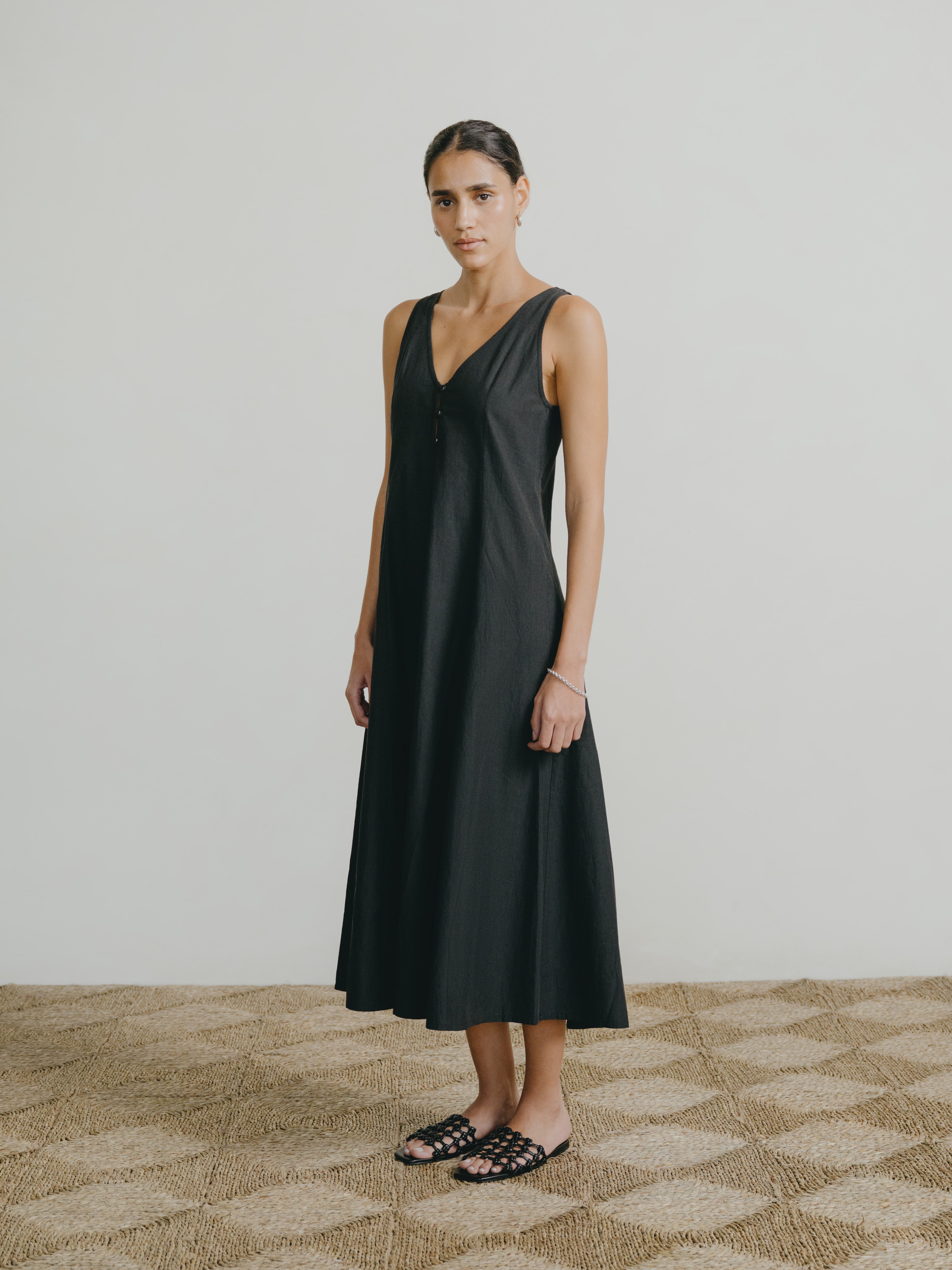 Maritza Dress, Textured Organic Poplin, Soft Black