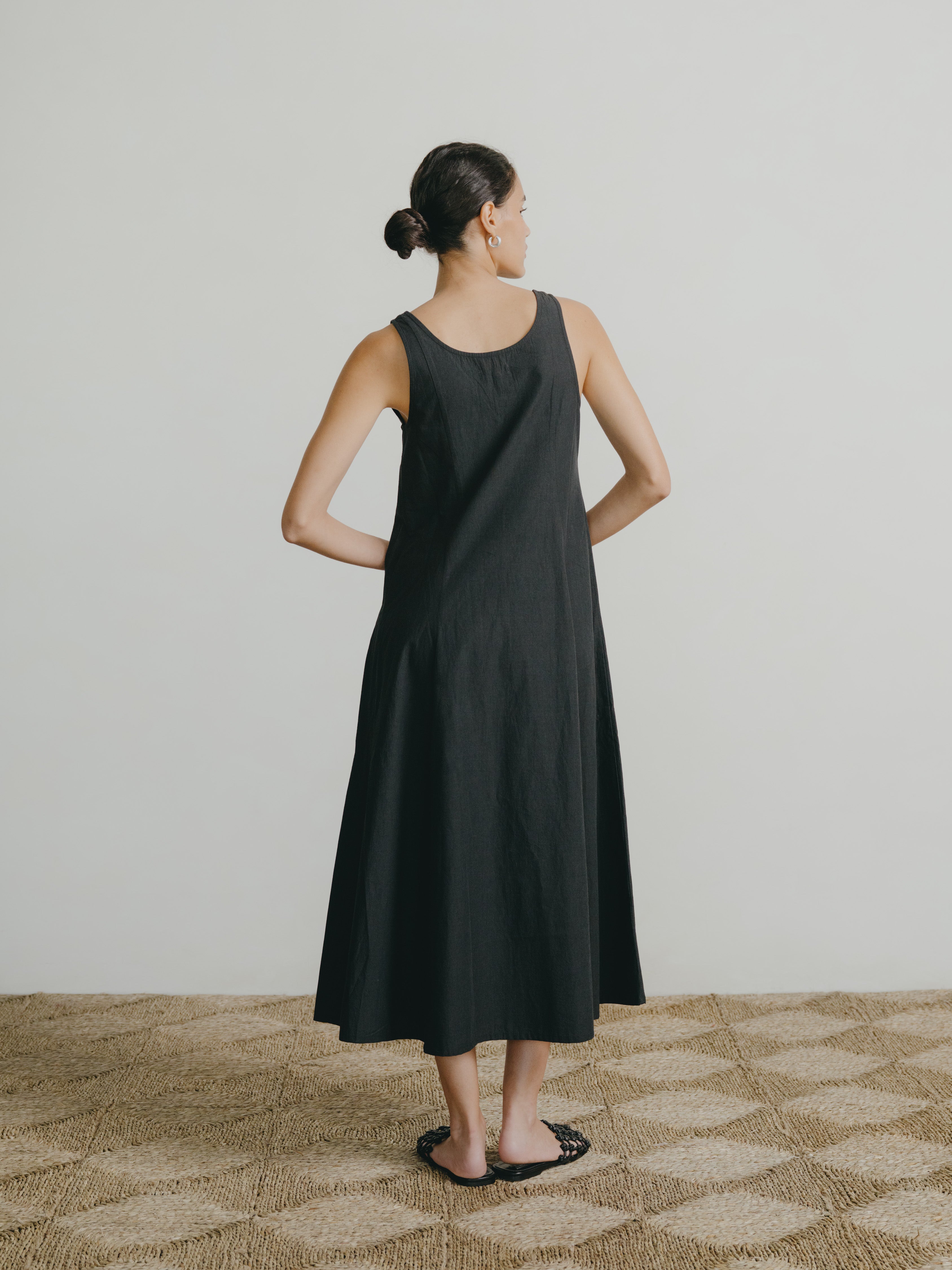 Maritza Dress, Textured Organic Poplin, Soft Black