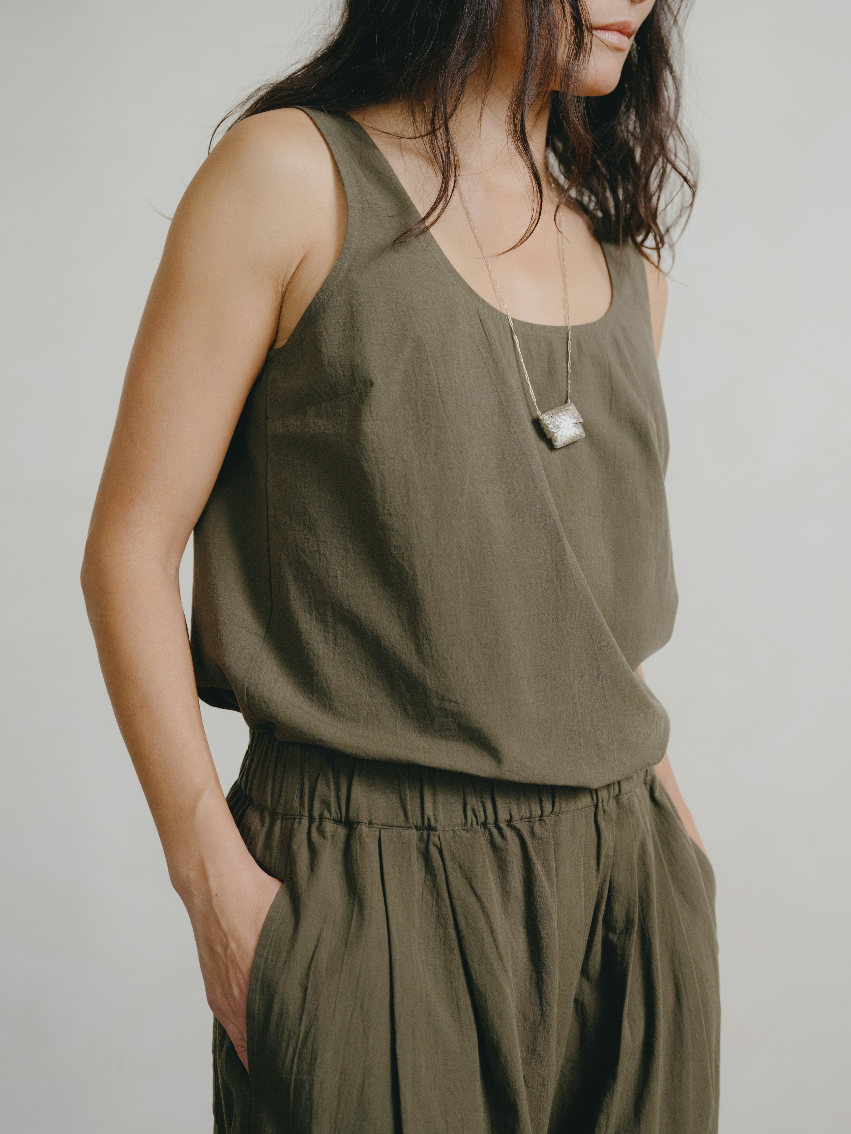 Mika Tank, Textured Organic Poplin, Fern