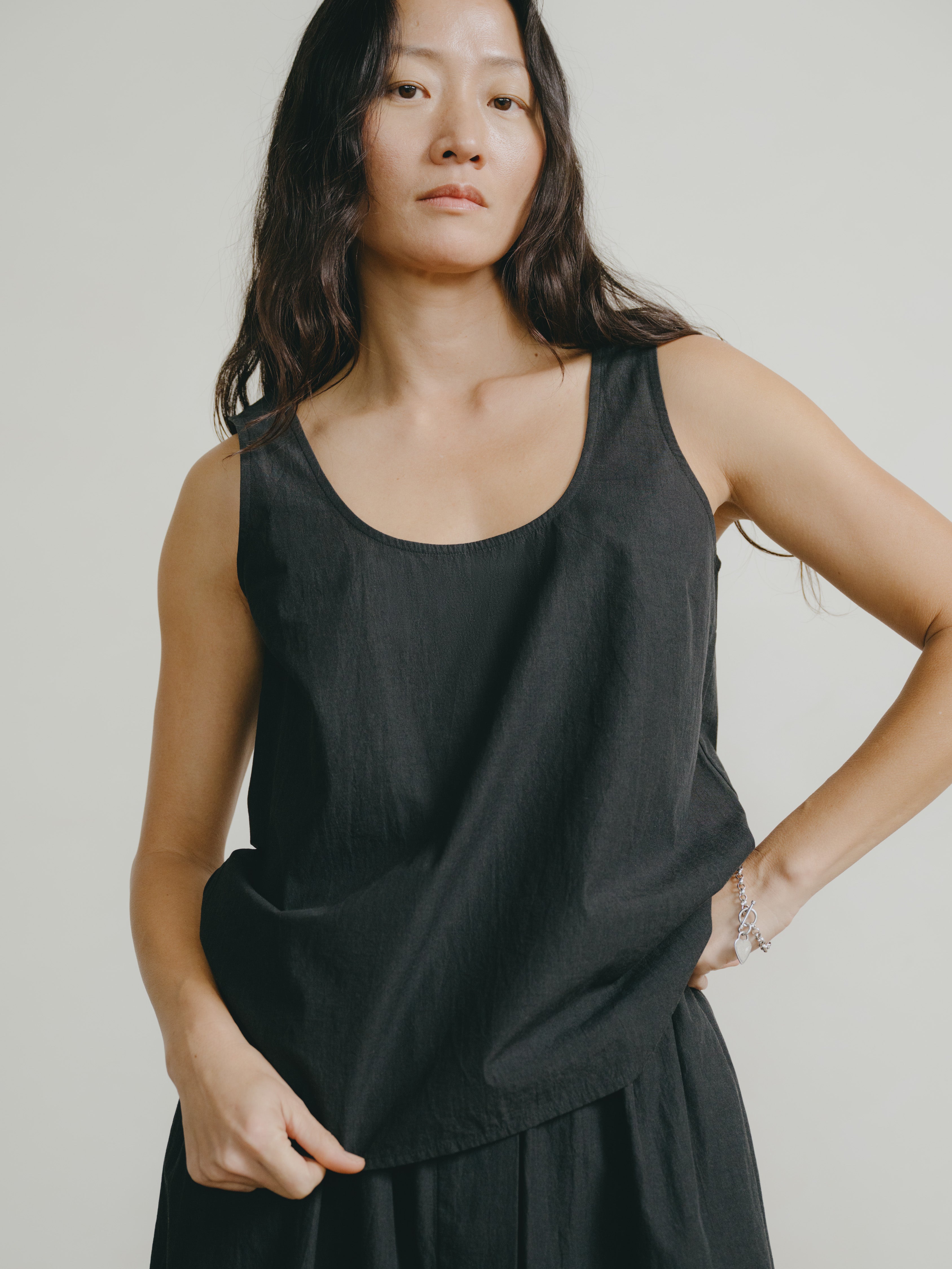 Mika Tank, Textured Organic Poplin, Soft Black