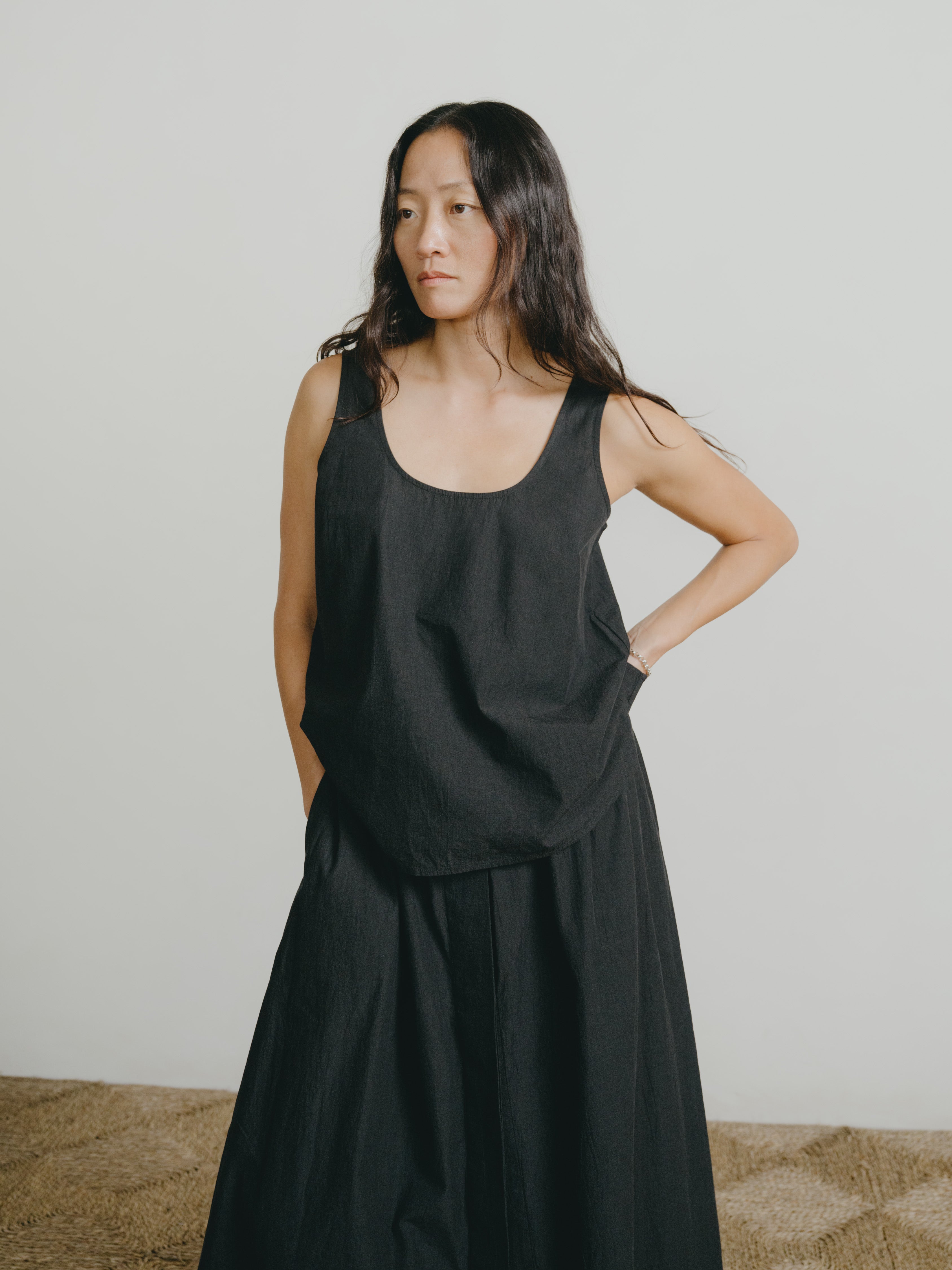 Mika Tank, Textured Organic Poplin, Soft Black
