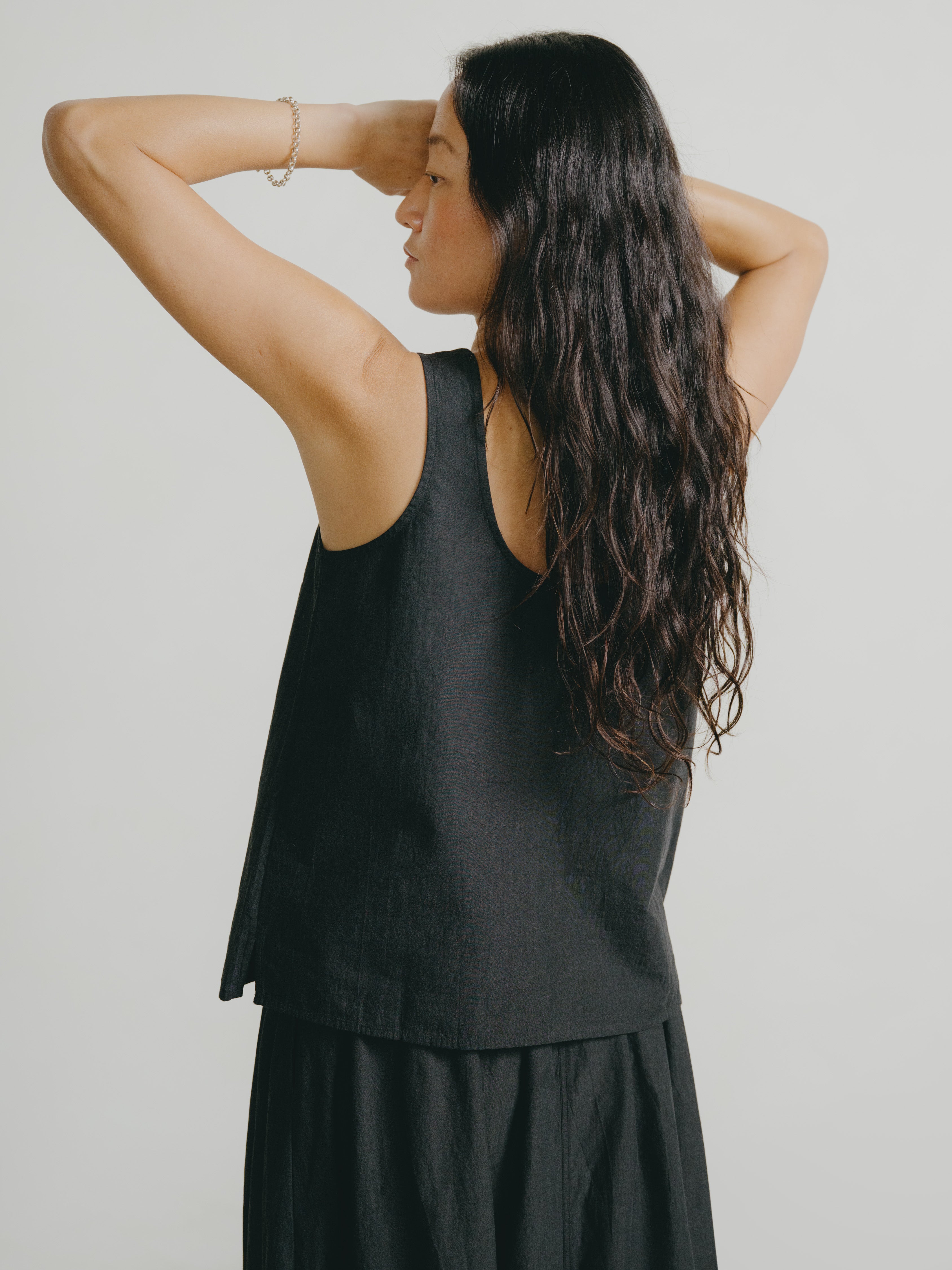 Mika Tank, Textured Organic Poplin, Soft Black