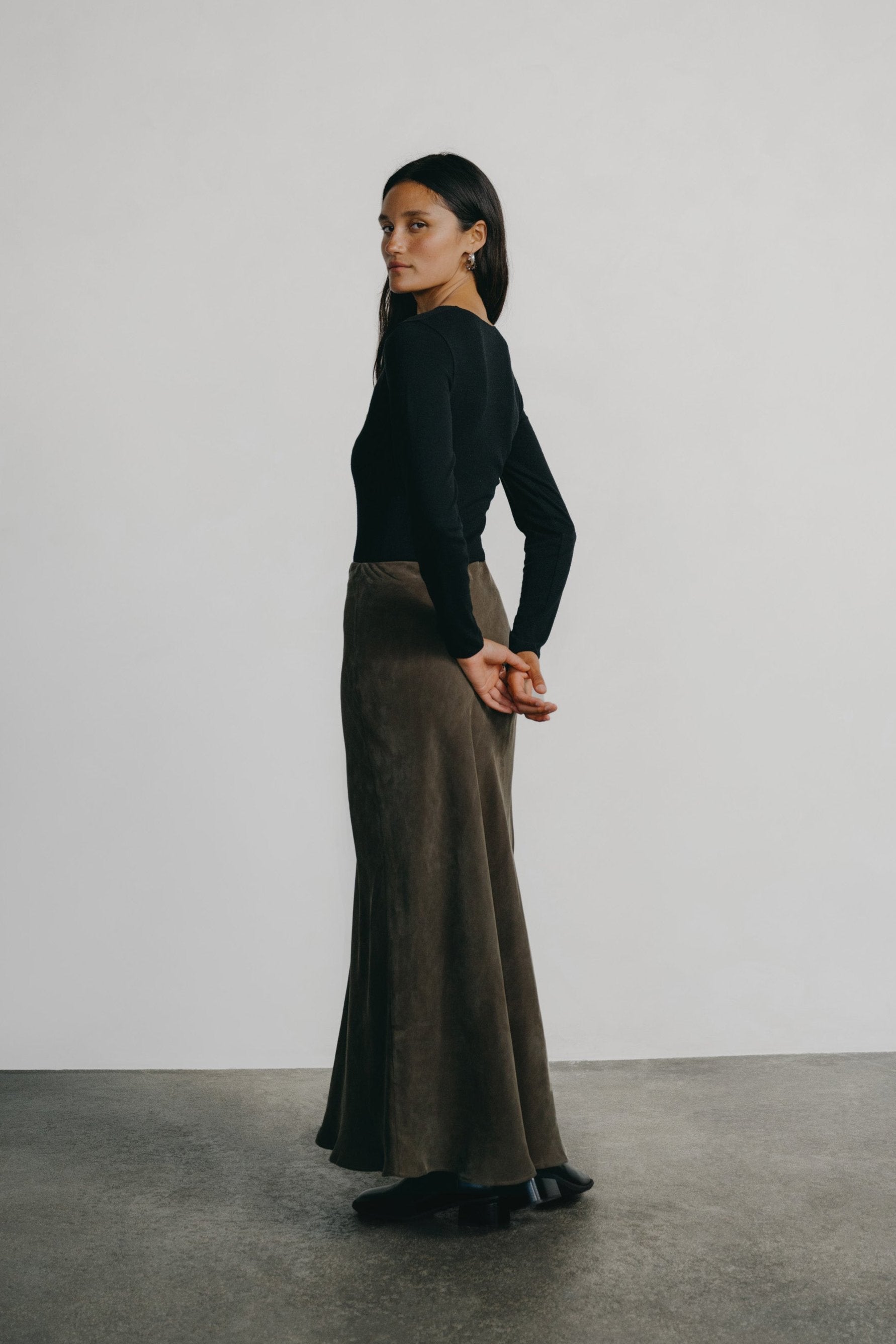 (Imperfect) Harper Maxi Skirt, Japanese Cupro, Walnut