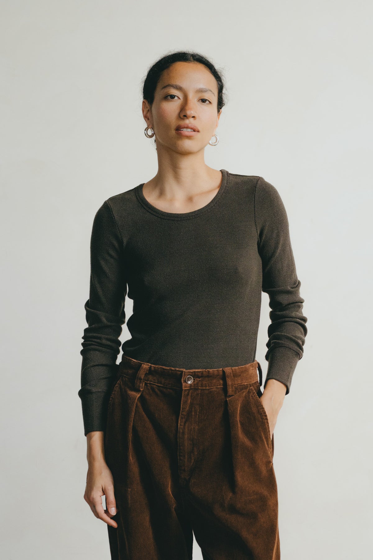 Rib Long Sleeve, Ribbed Silk Noil Jersey, Walnut