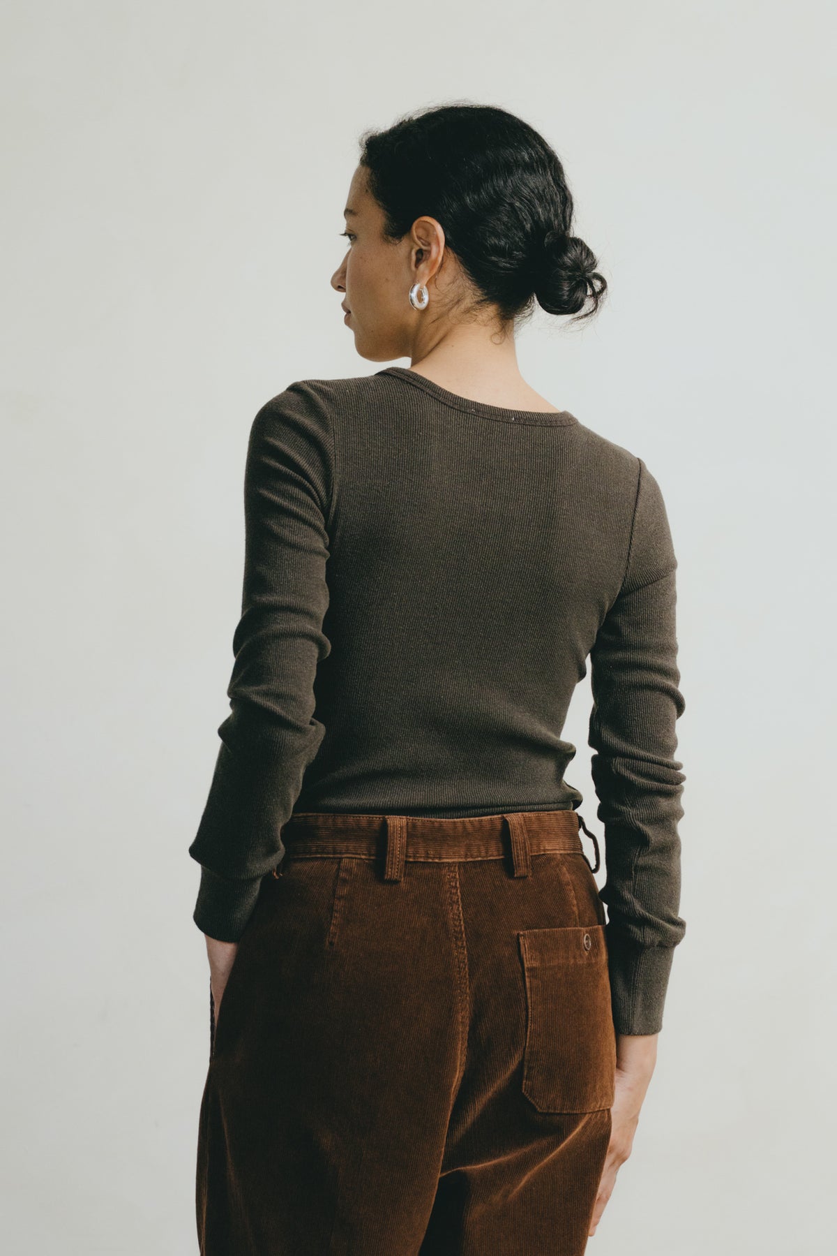 Rib Long Sleeve, Ribbed Silk Noil Jersey, Walnut