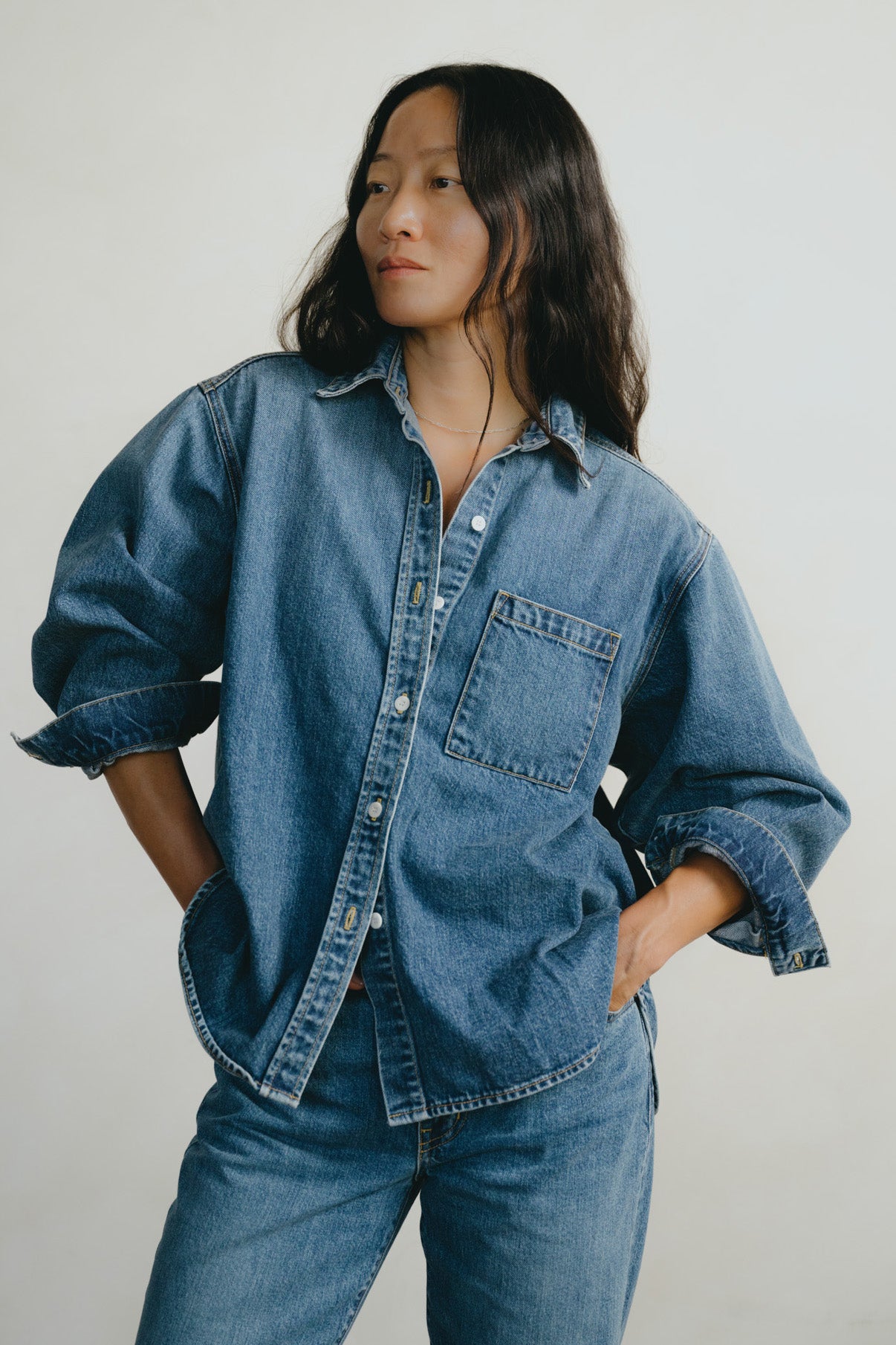 Denim Marcie Shirt, Tencel Denim, Worn
