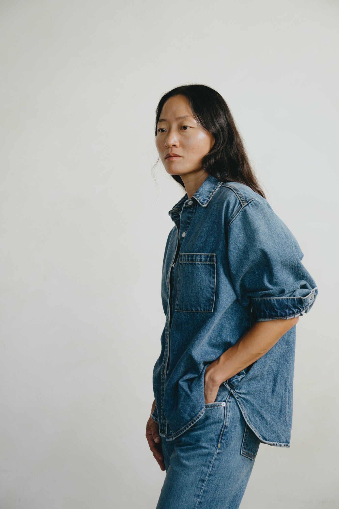 Denim Marcie Shirt, Tencel Denim, Worn