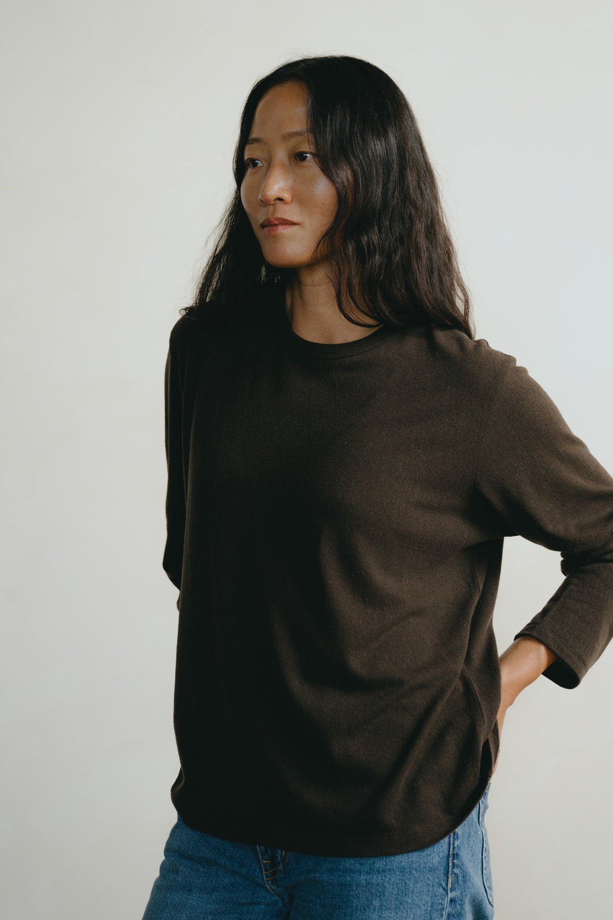 Long Sleeve Big Tee, Regen Silk Noil Jersey, Walnut
