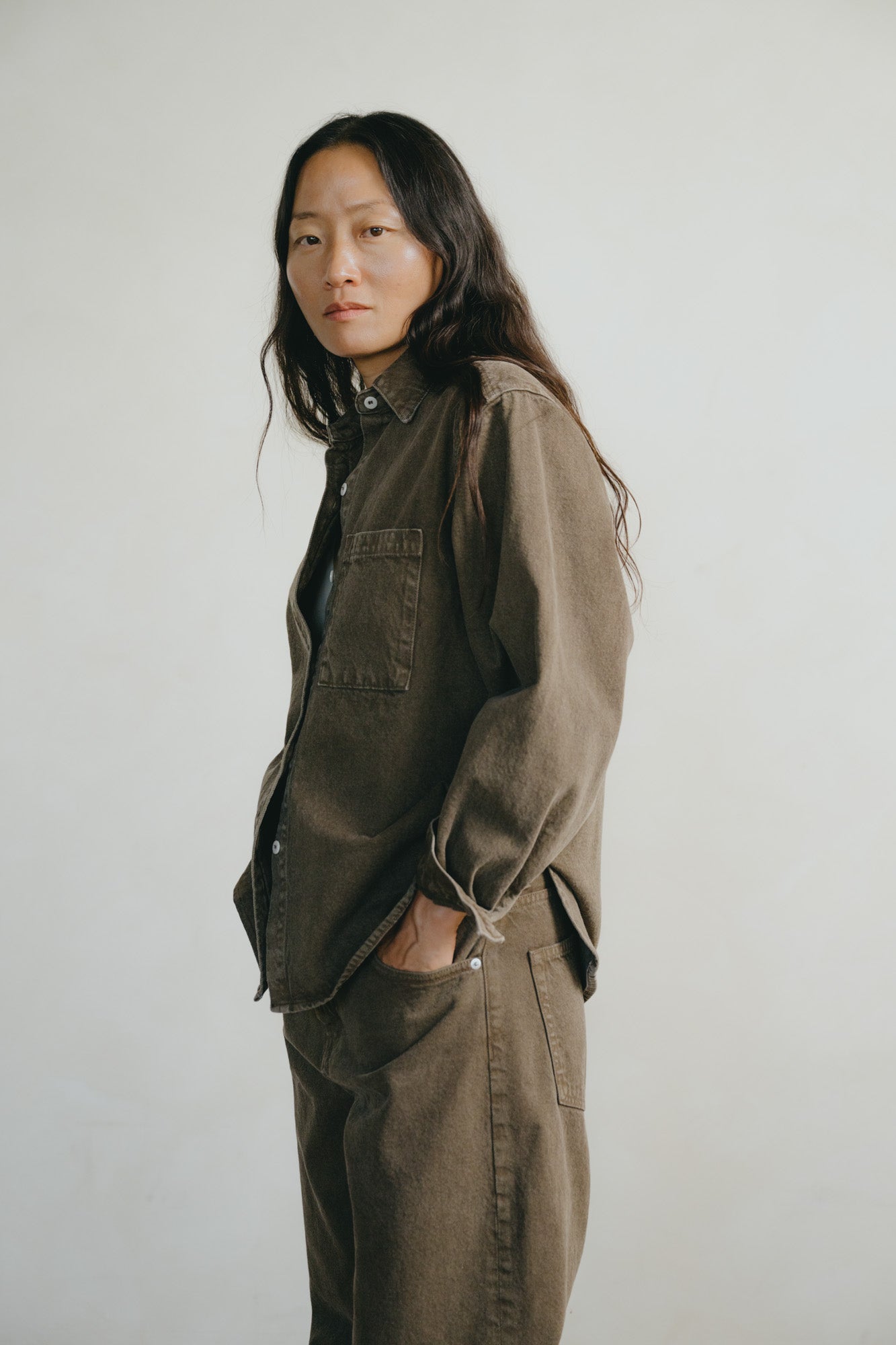 Denim Marcie Shirt, Recycled Denim, Vintage Brown