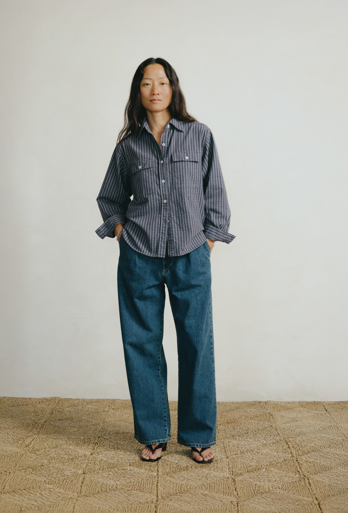 Flannel Marcie Shirt, Japanese Organic Cotton, Navy Plaid