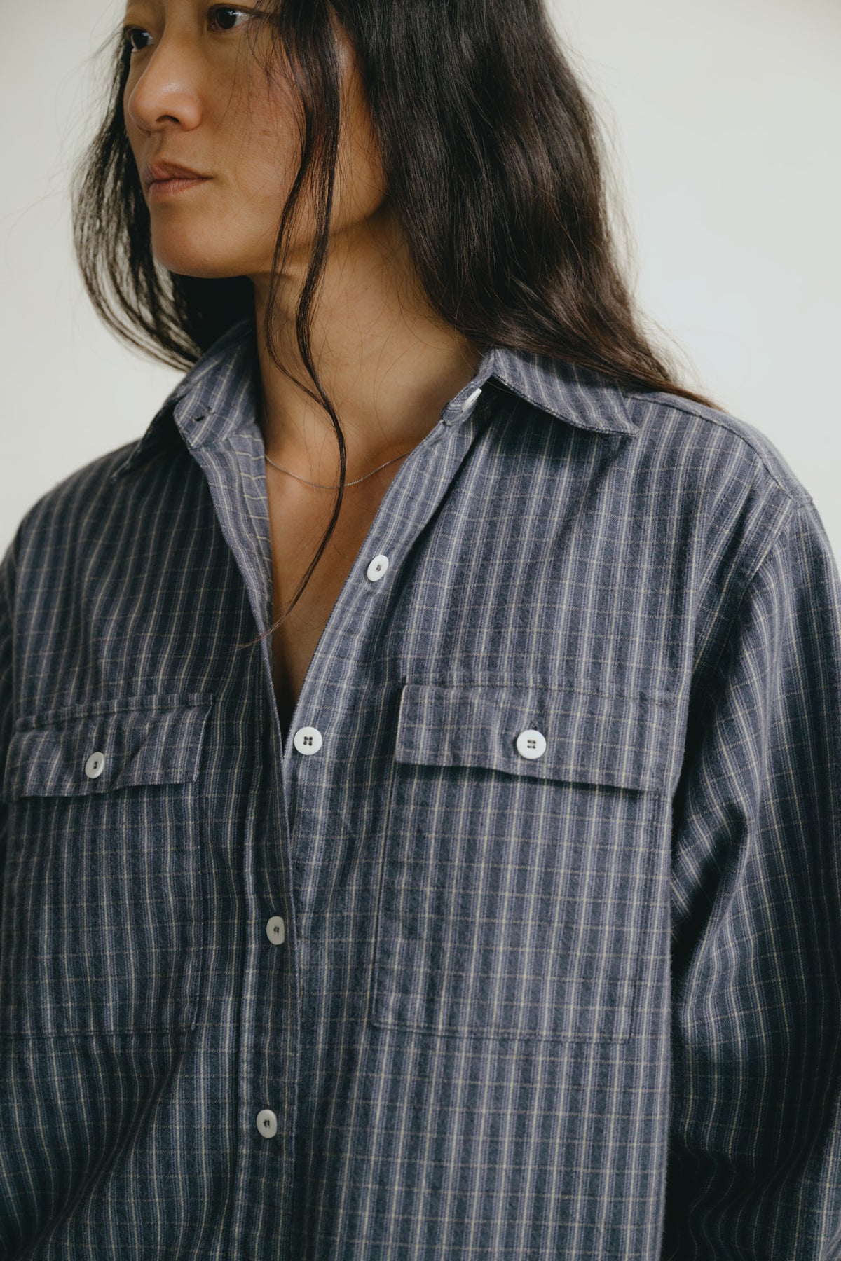 Flannel Marcie Shirt, Japanese Organic Cotton, Navy Plaid