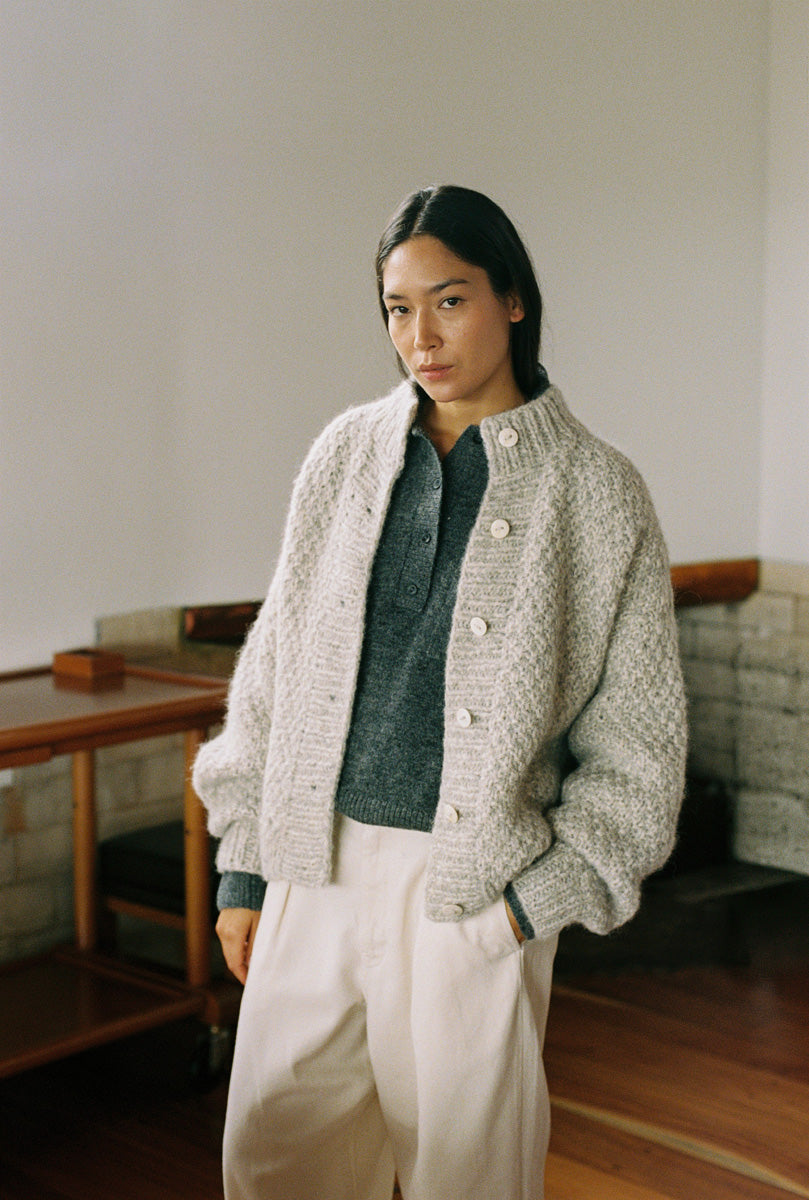 Bell Hand Knit Cardigan, Alpaca Cotton, Fog