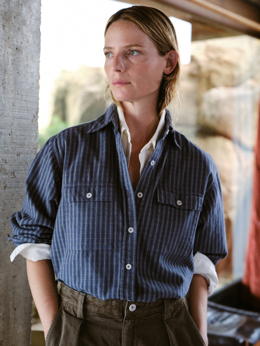 Flannel Marcie Shirt, Japanese Organic Cotton, Navy Plaid