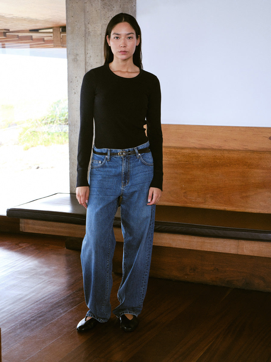Rib Long Sleeve, Ribbed Silk Noil Jersey, Black