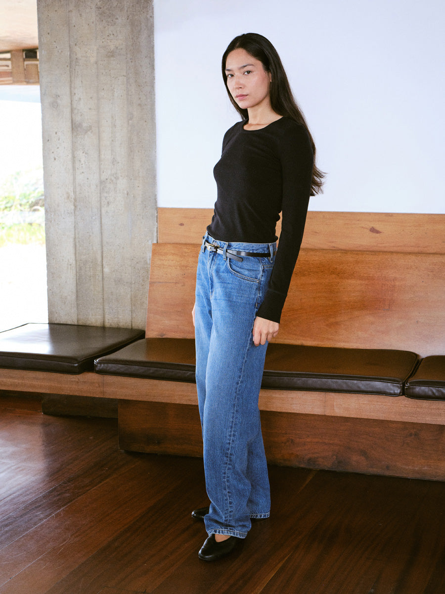 Rib Long Sleeve, Ribbed Silk Noil Jersey, Black