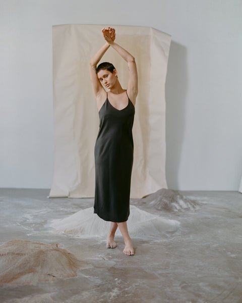 Bias Slip Dress, Regen Silk Noil, Black | OZMA