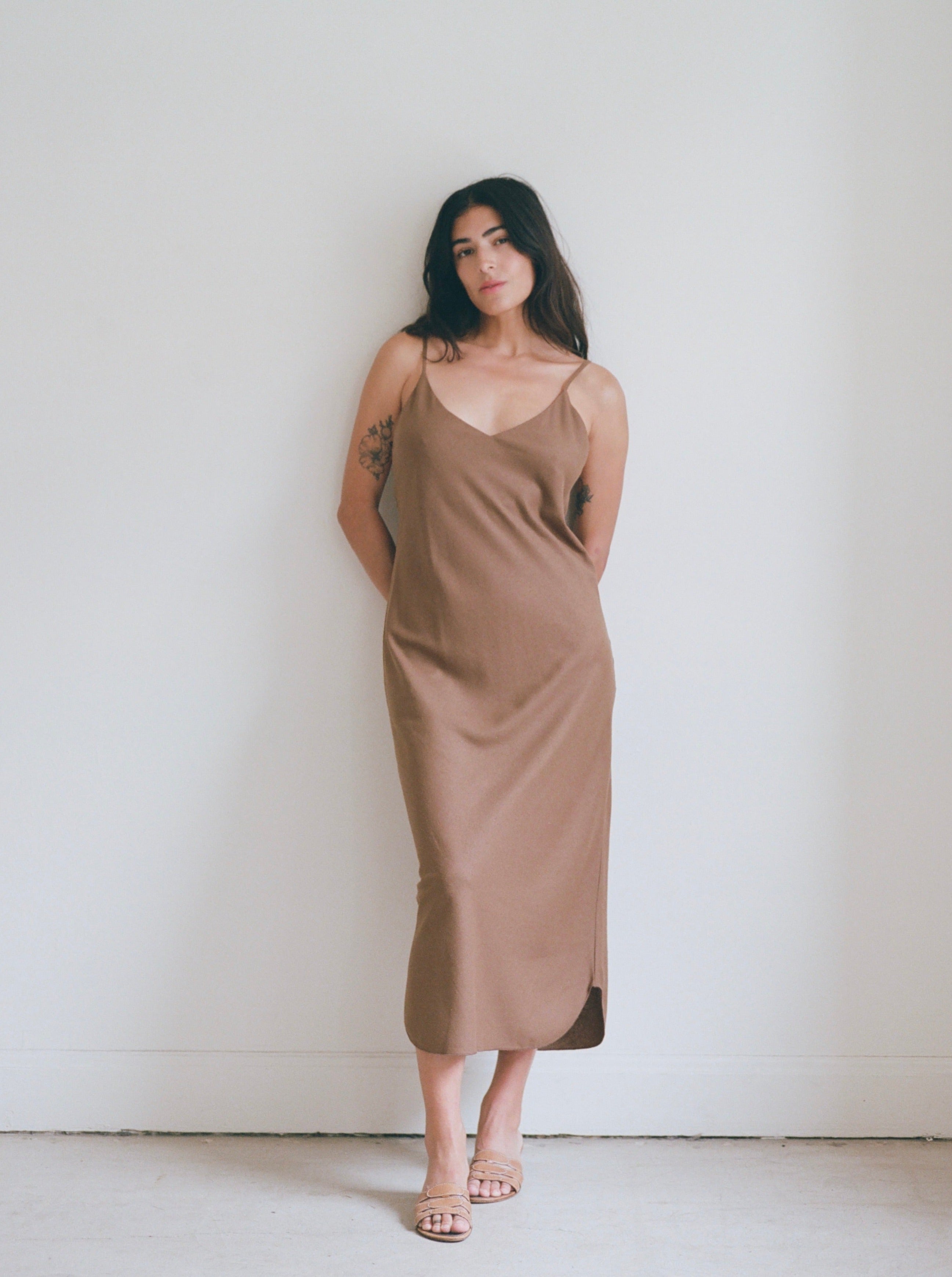 (Imperfect) Bias Slip Dress, Regen Silk Noil, Umber