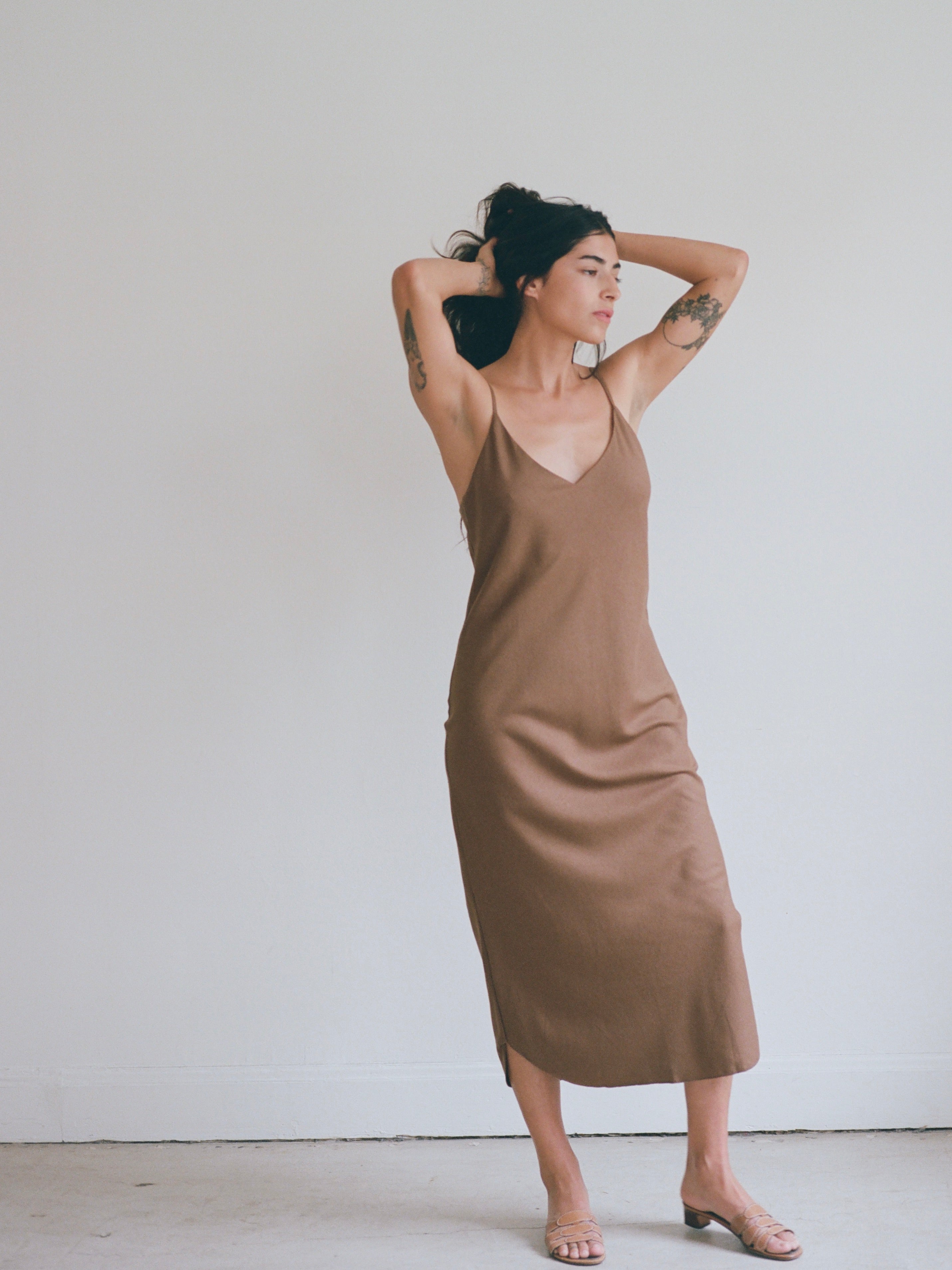 (Imperfect) Bias Slip Dress, Regen Silk Noil, Umber