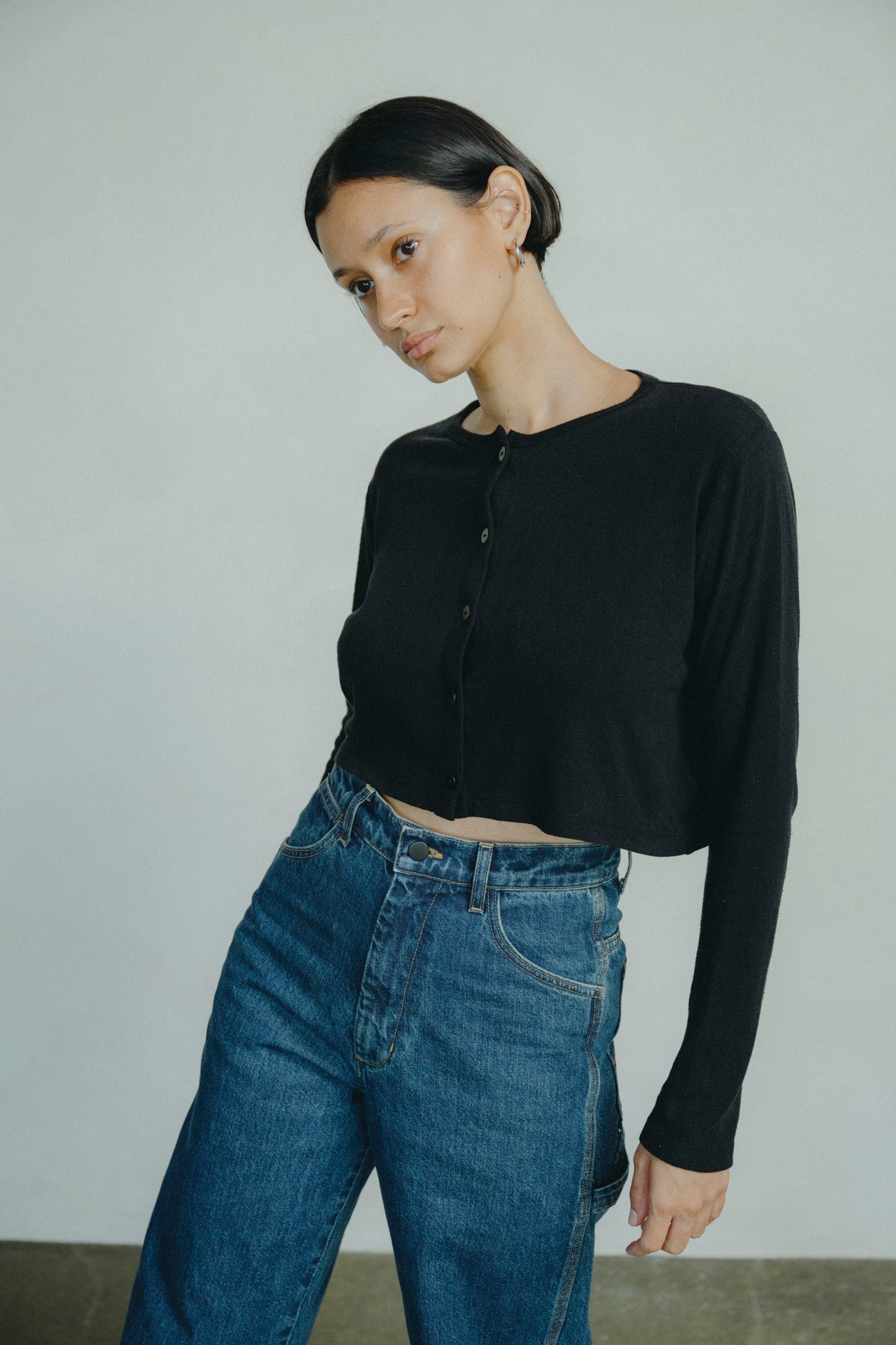 (Imperfect) Lee Cardigan, Regen Silk Noil Jersey, Black