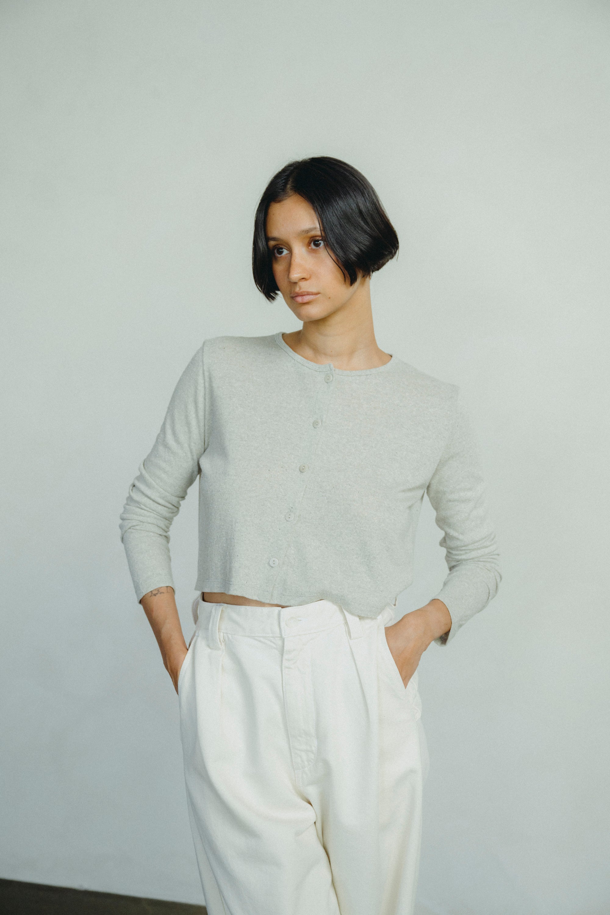 (Imperfect) Lee Cardigan, Regen Silk Noil Jersey, Heather Grey