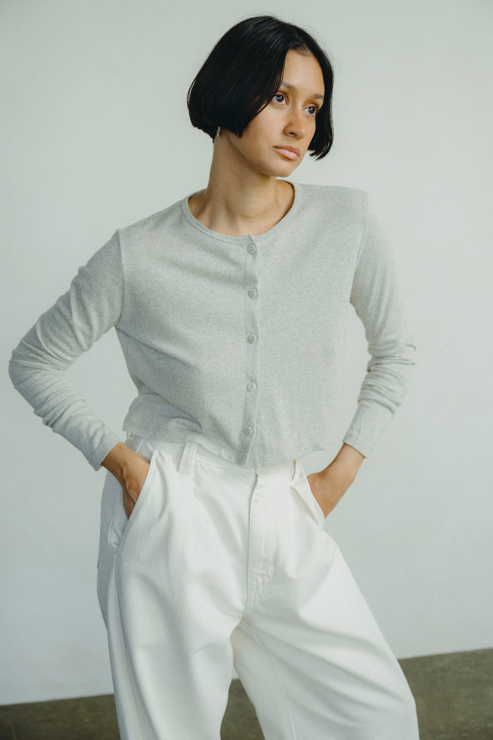 (Imperfect) Lee Cardigan, Regen Silk Noil Jersey, Heather Grey