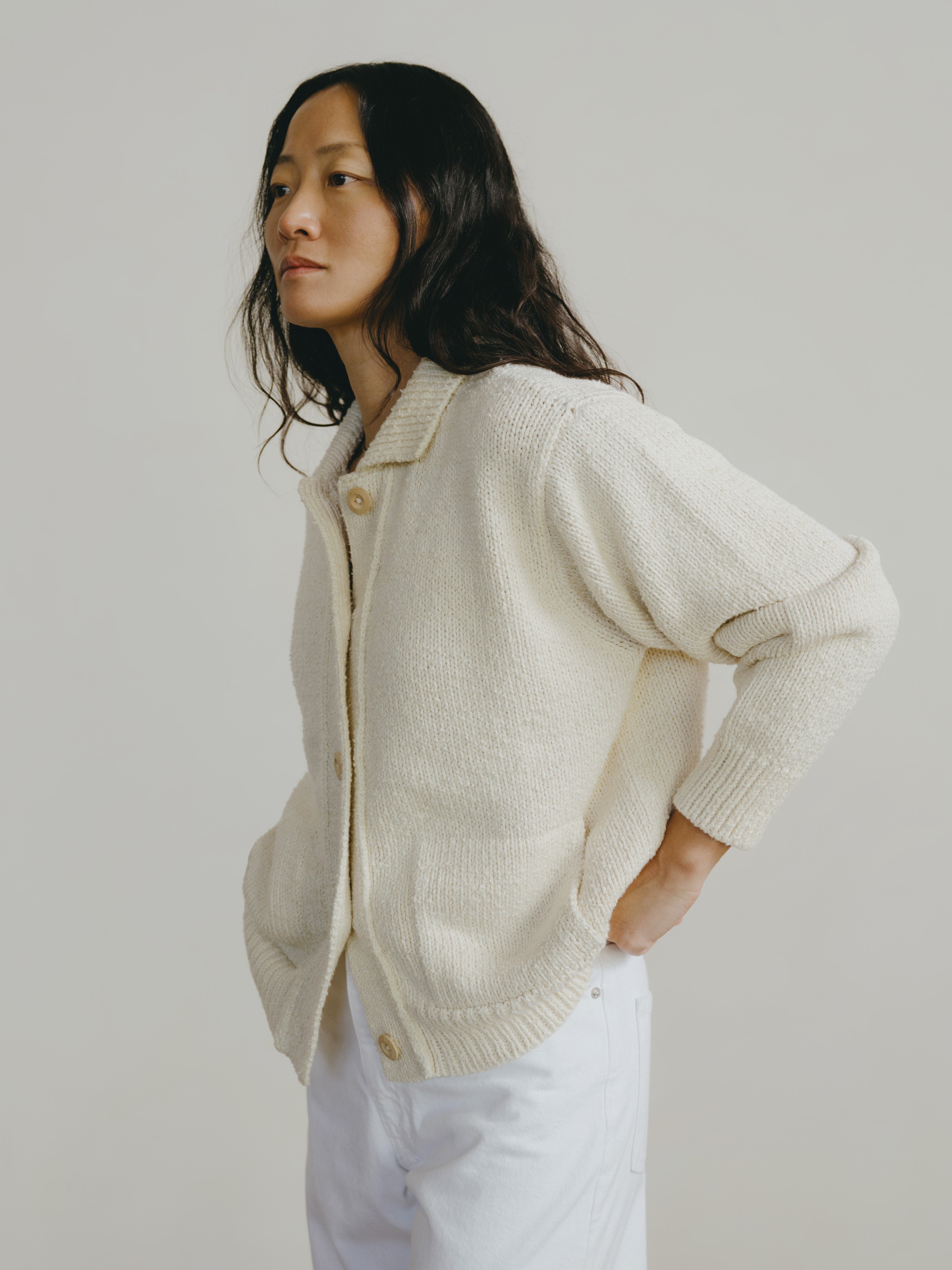 Leon Knit Jacket, Organic Cotton Bouclé, Ecru