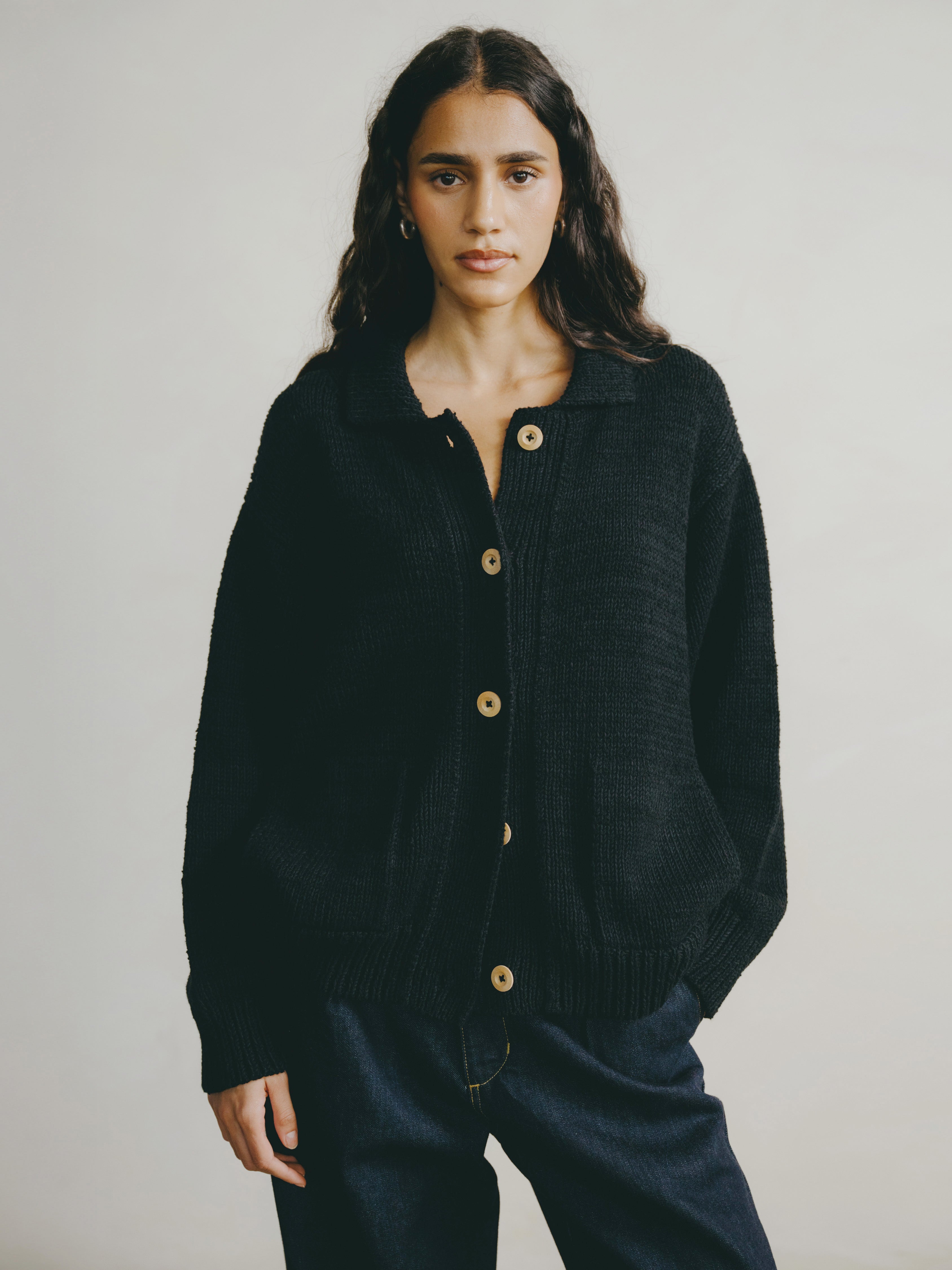 Leon Knit Jacket, Organic Cotton Bouclé, Black
