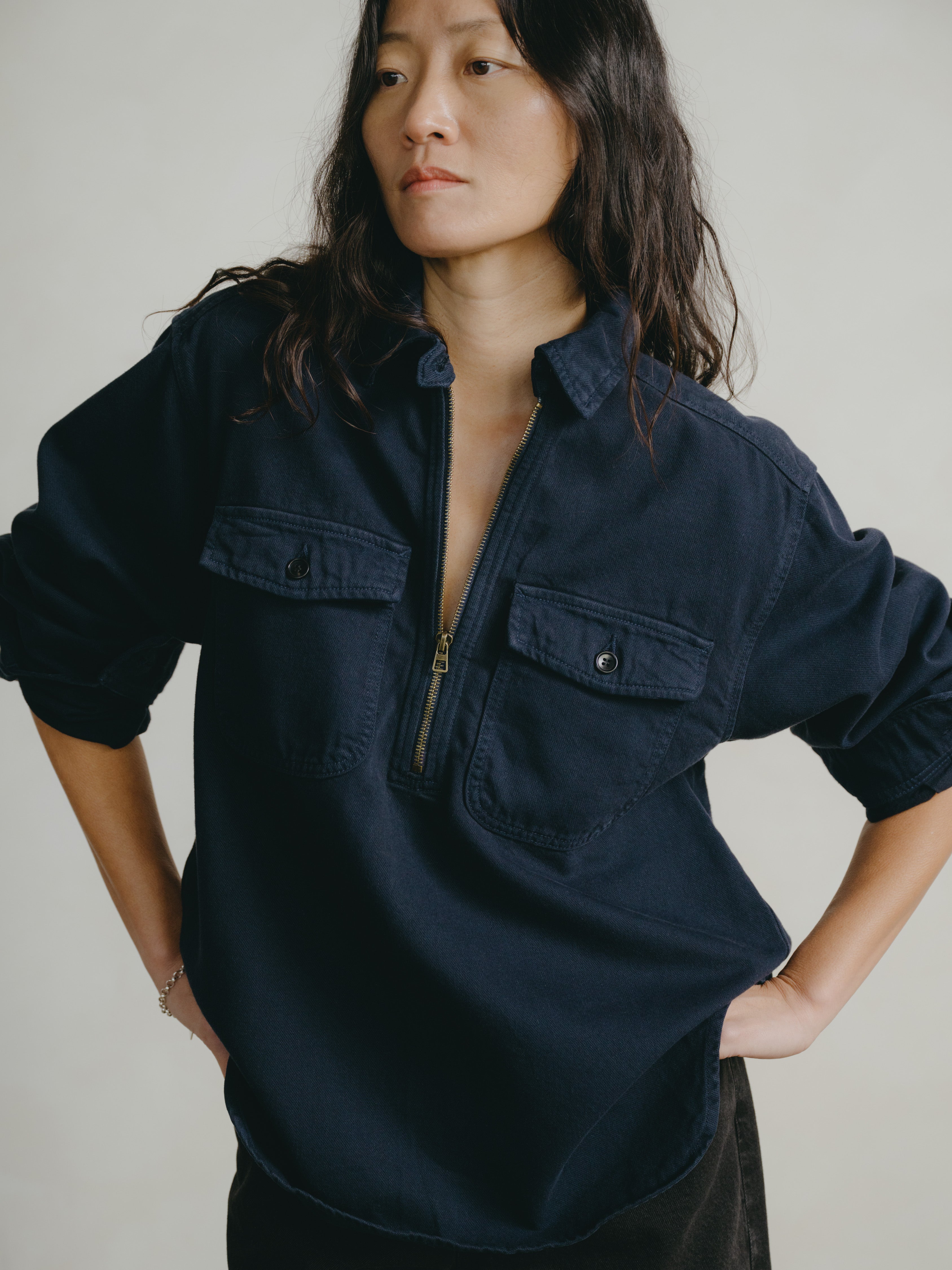 Zip Popover, Broken Twill, Navy