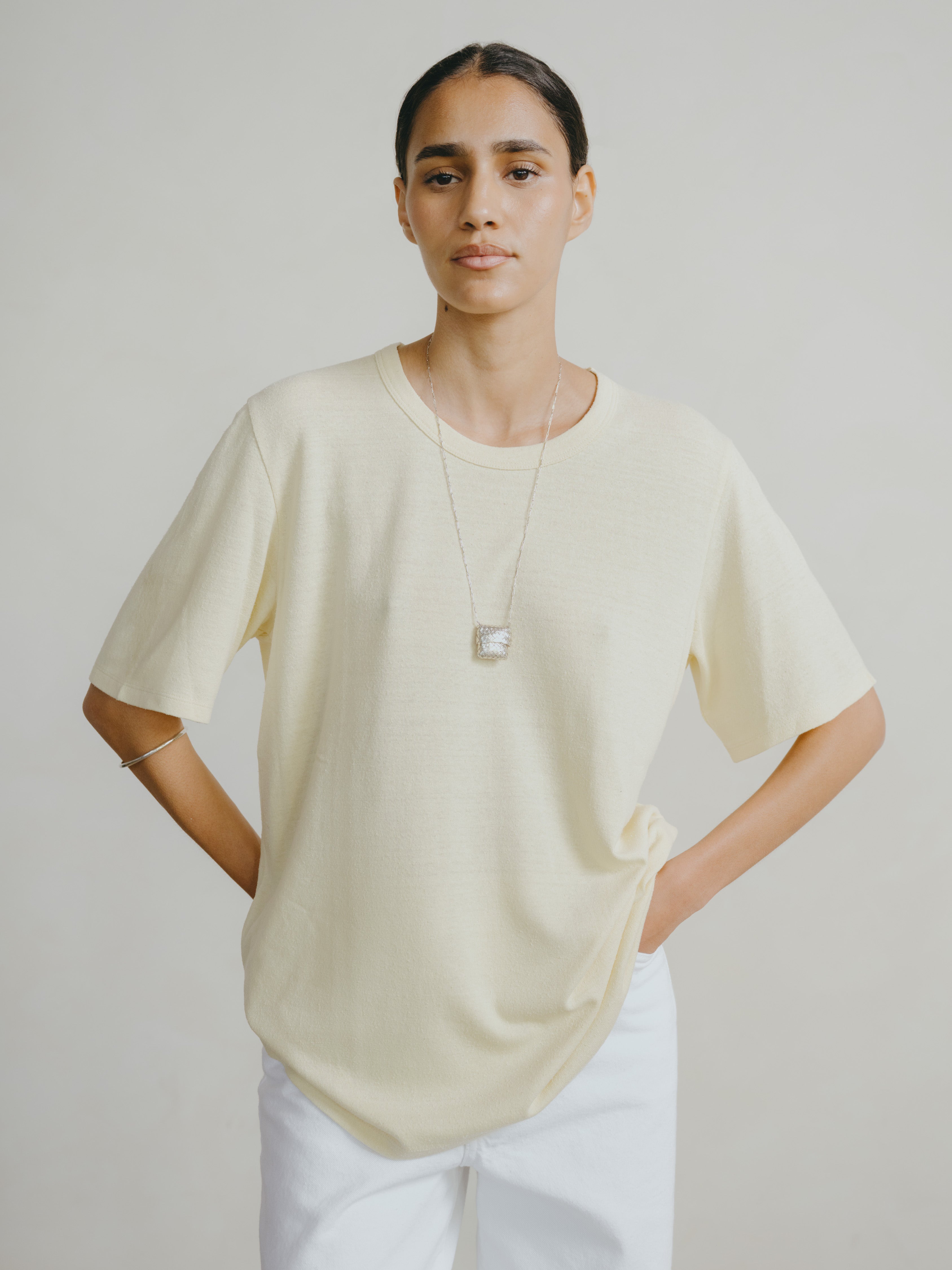 Russeluno ラッセルノ MESH BIG HIGHTNECK TEE Bigger Tee, Regen Silk Noil Jersey, Butter