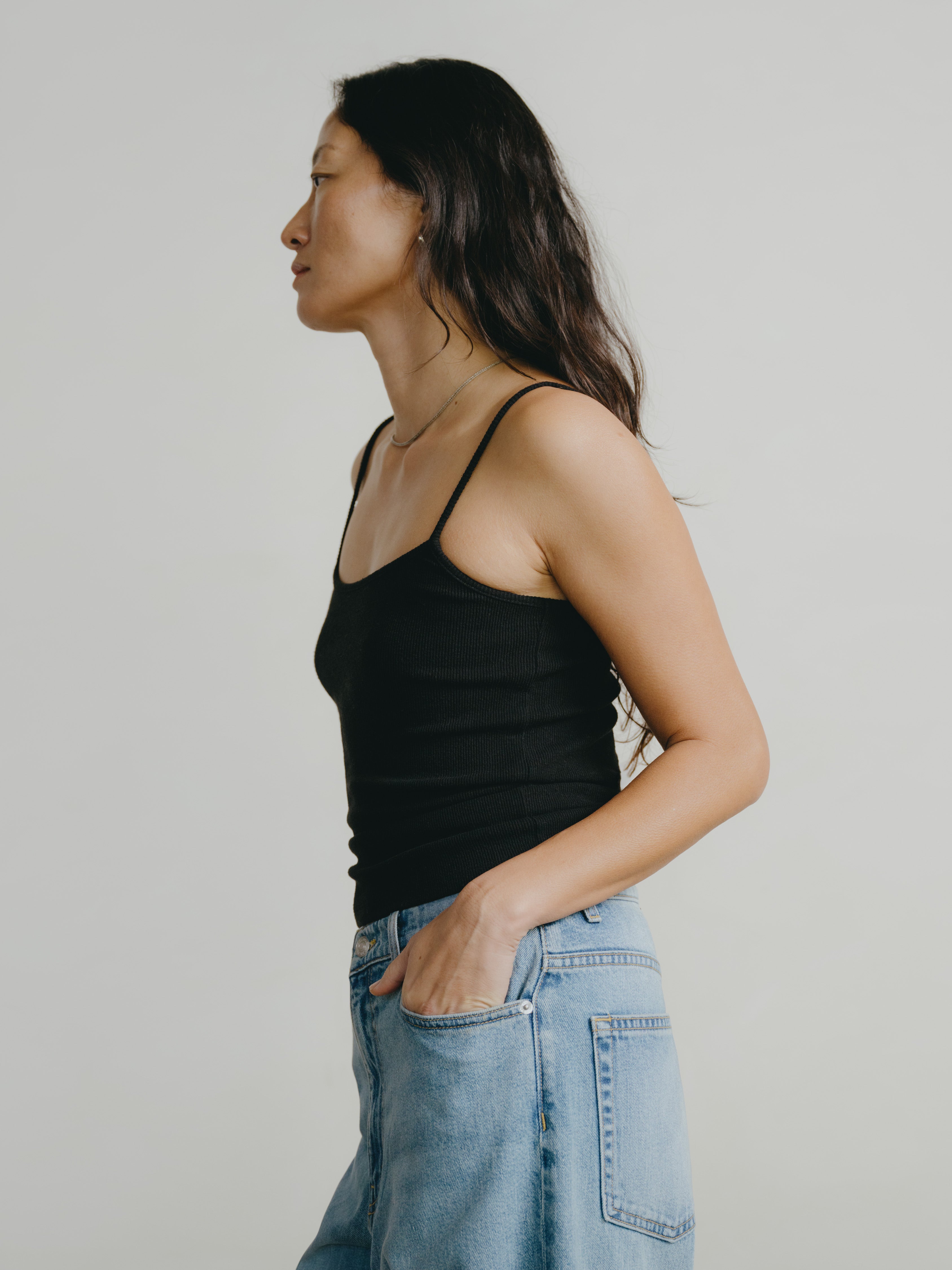 Uno Tank, Ribbed Silk Noil Jersey, Black