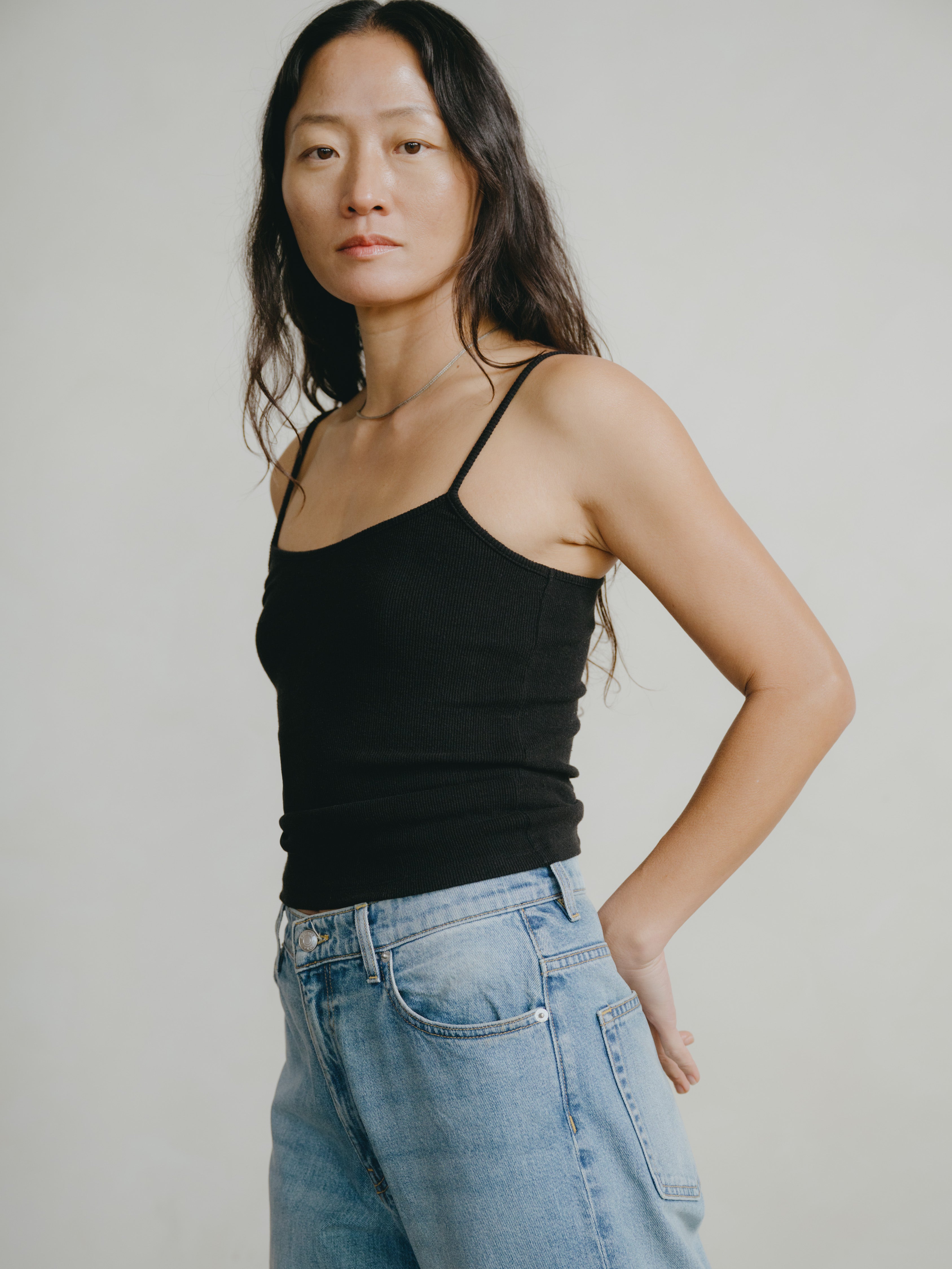 Uno Tank, Ribbed Silk Noil Jersey, Black