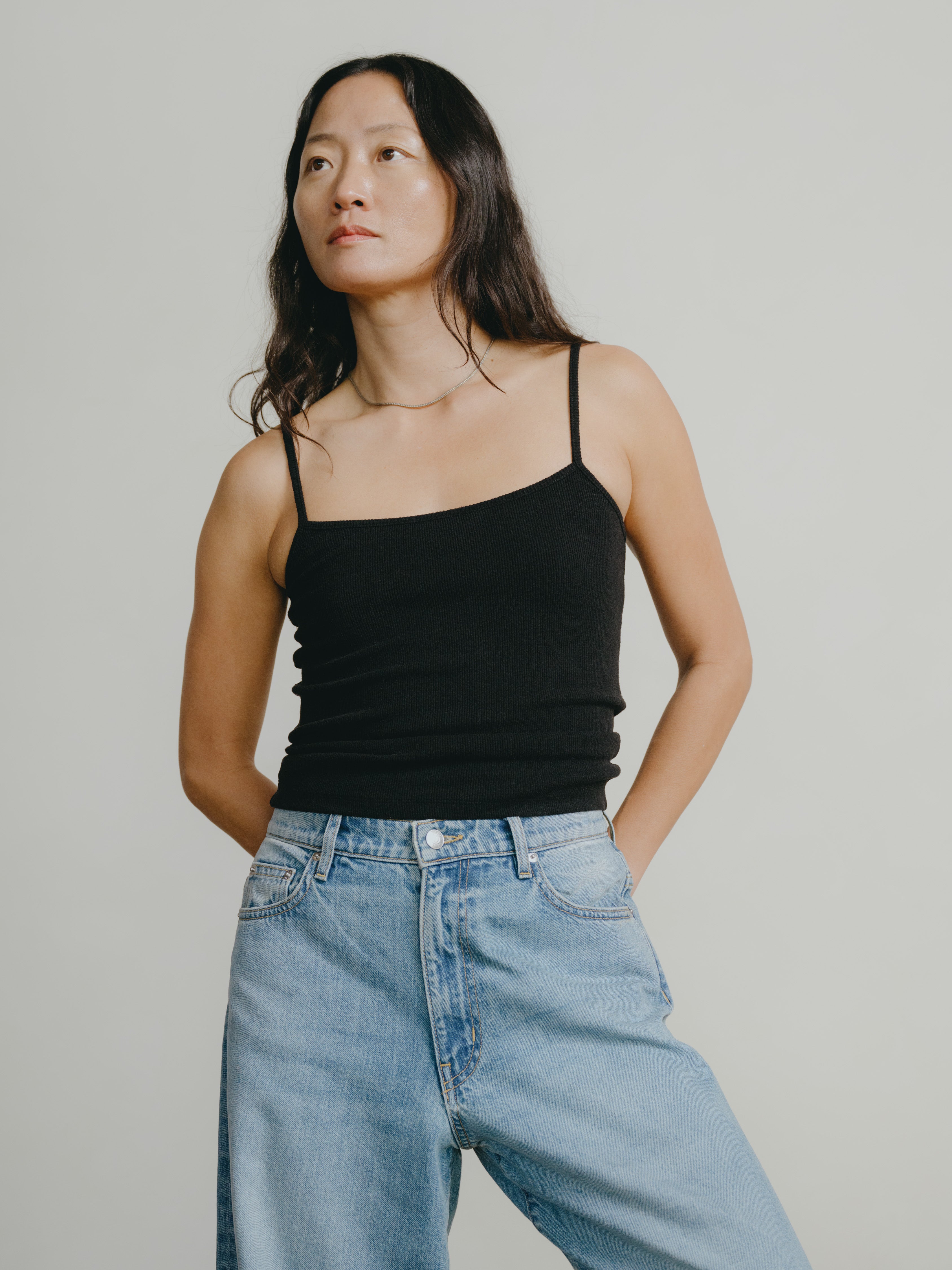 Uno Tank, Ribbed Silk Noil Jersey, Black