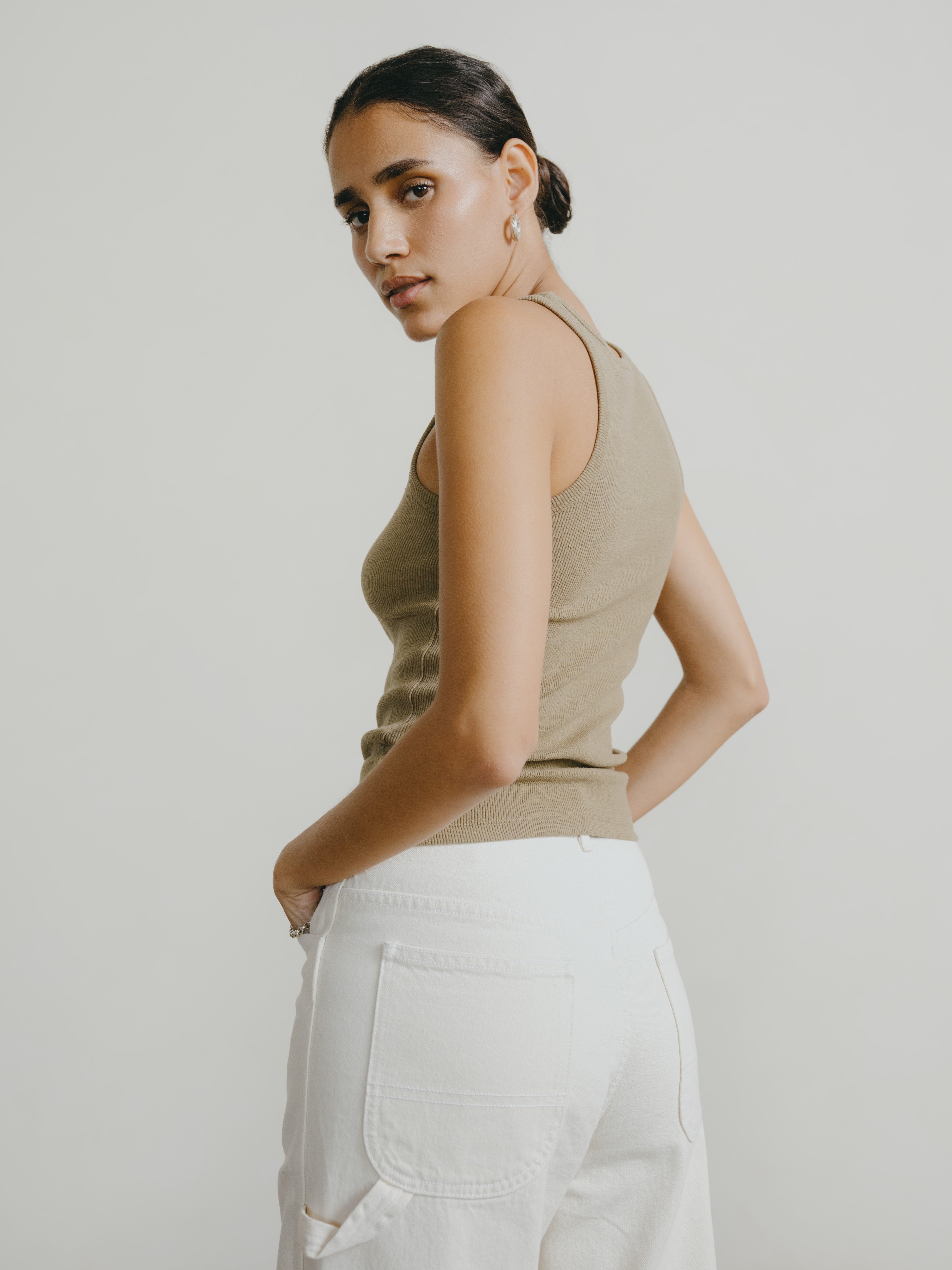 Classic Tank, Ribbed Silk Noil Jersey, Cactus