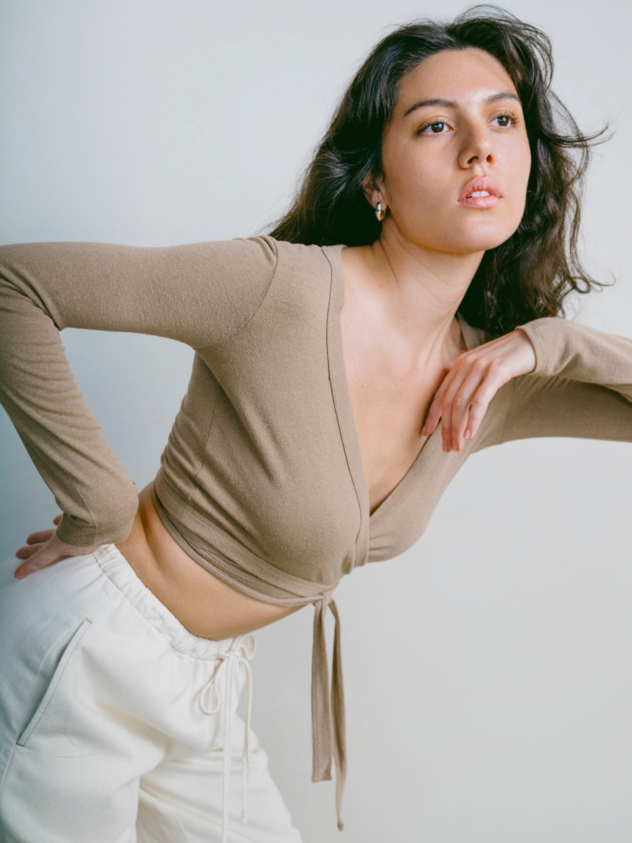 Dance Wrap Top, Regen Silk Noil Jersey, Tea